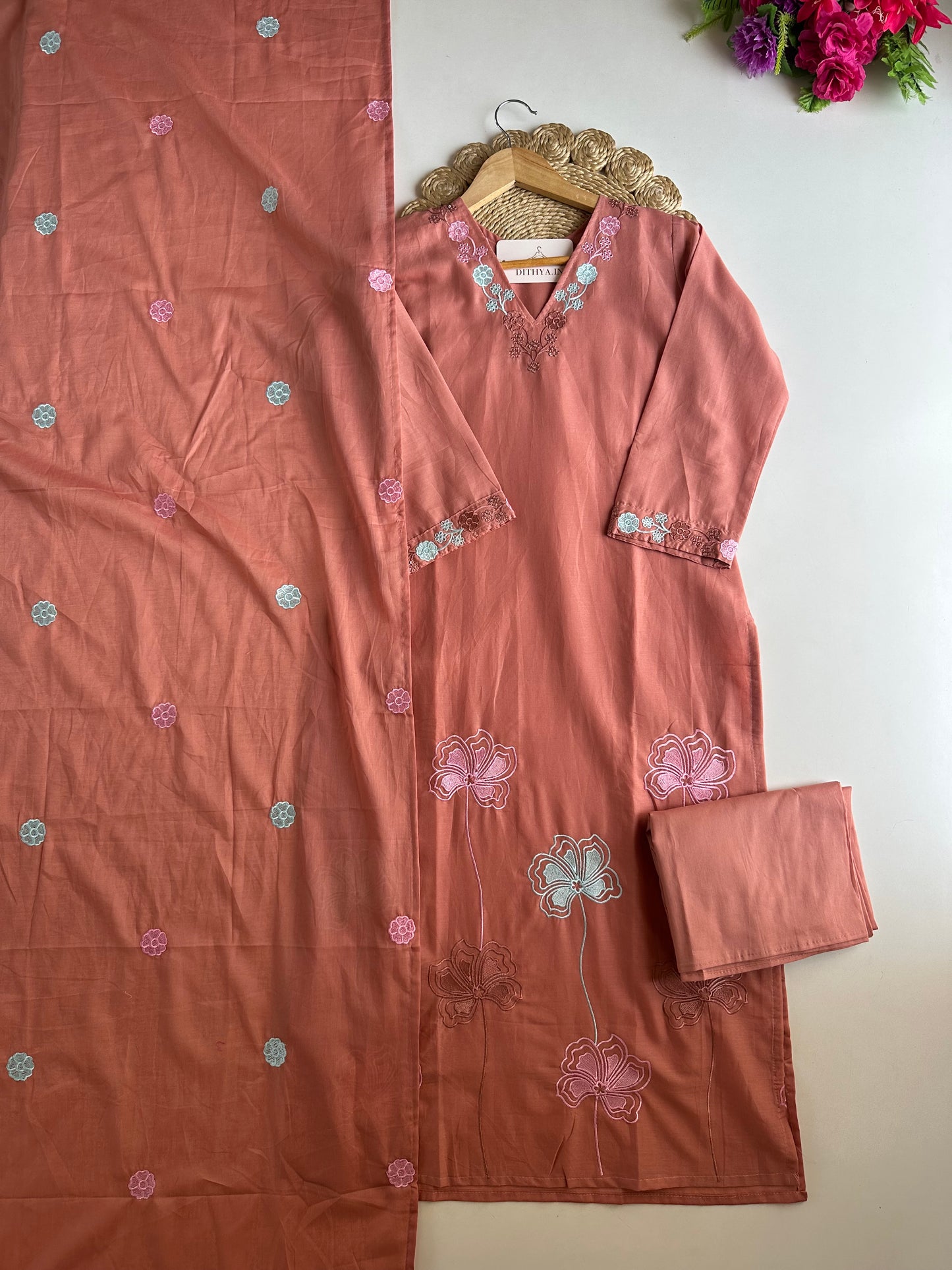 K131 - Mul cotton embroidered straight Kurti with pants and dupatta