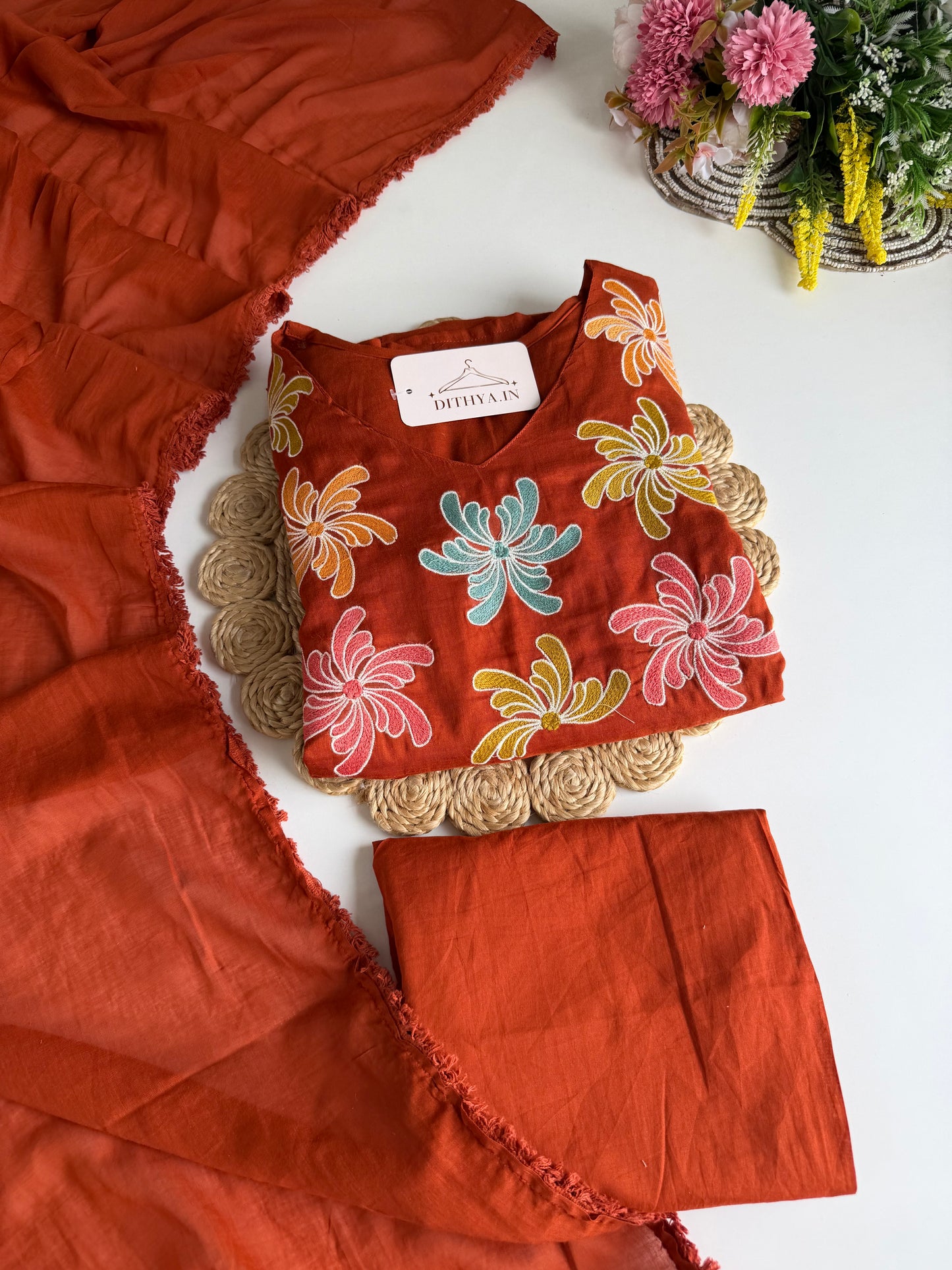 K667 - Mul cotton embroidered Anarkali with pants and dupatta