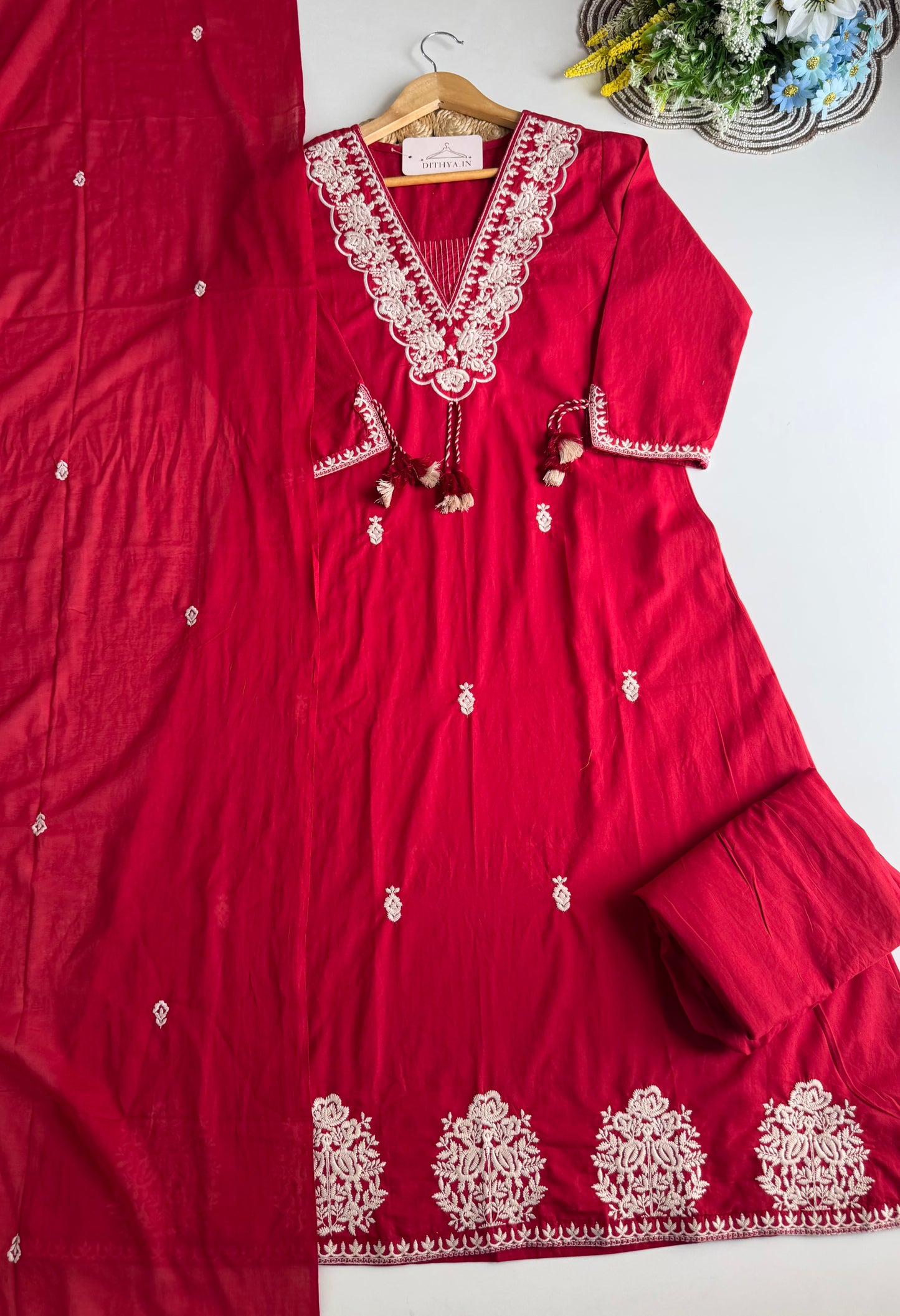 K671 - Mul cotton embroidered Aline Kurti with pants and dupatta