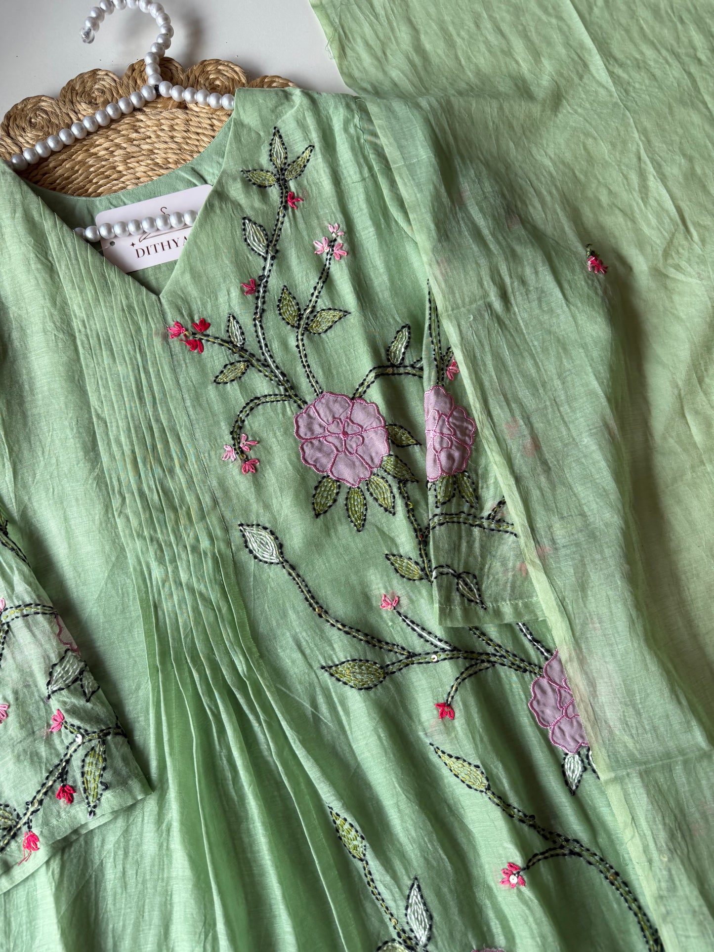 K636 - Mul chanderi hand embroidered Aline Kurti with pants and dupatta