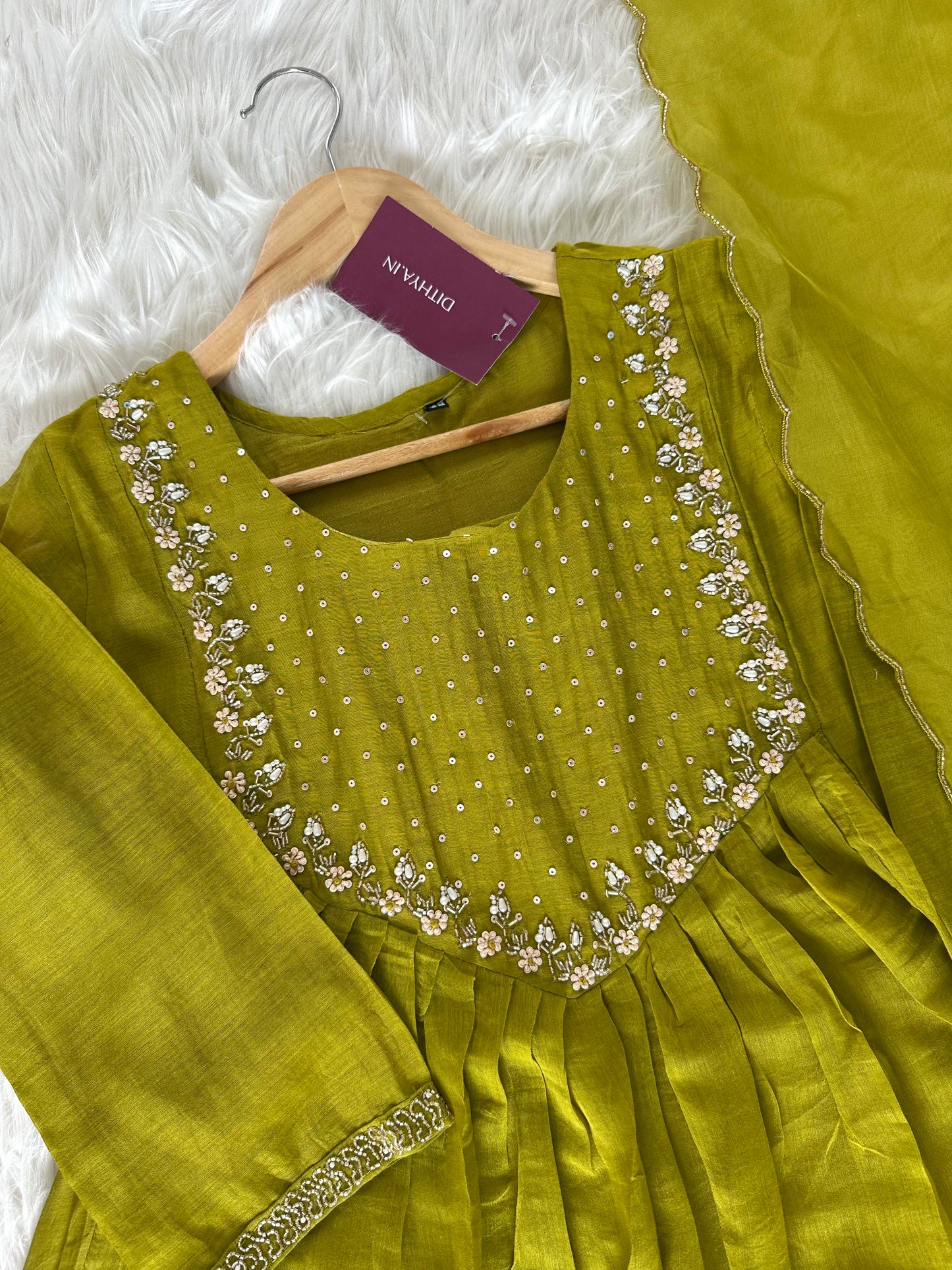 K087 - Mul Chanderi handwork Aline Kurti with pants and dupatta in 3 colours