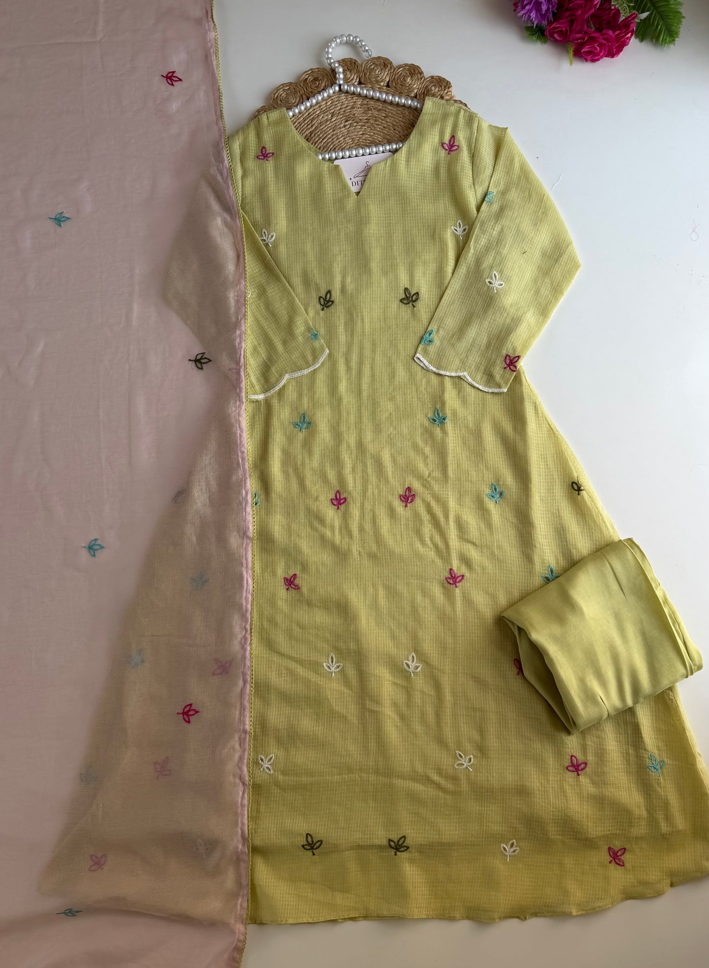 K077 - Kota doriya embroidered Aline Kurti with pants and dupatta