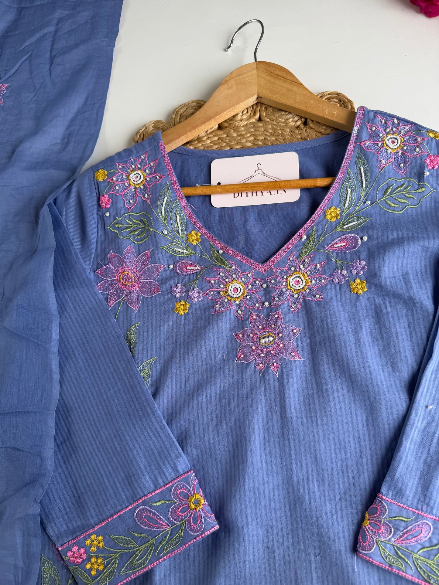 K235 - Mul cotton embroidered Aline Kurti with pants and dupatta