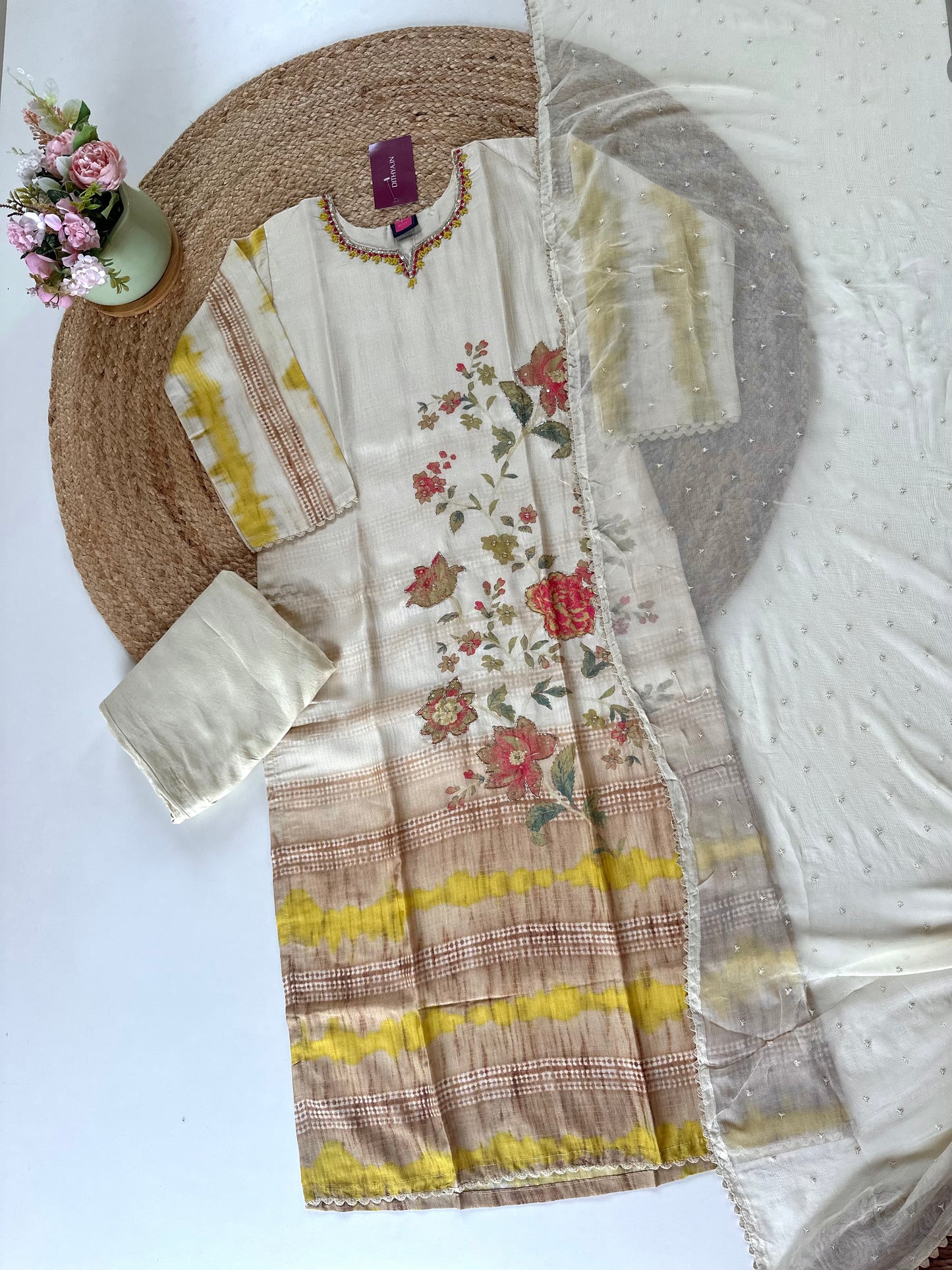 K315 - Tissue silk floral straight kurti with pants and chiffon dupatta .