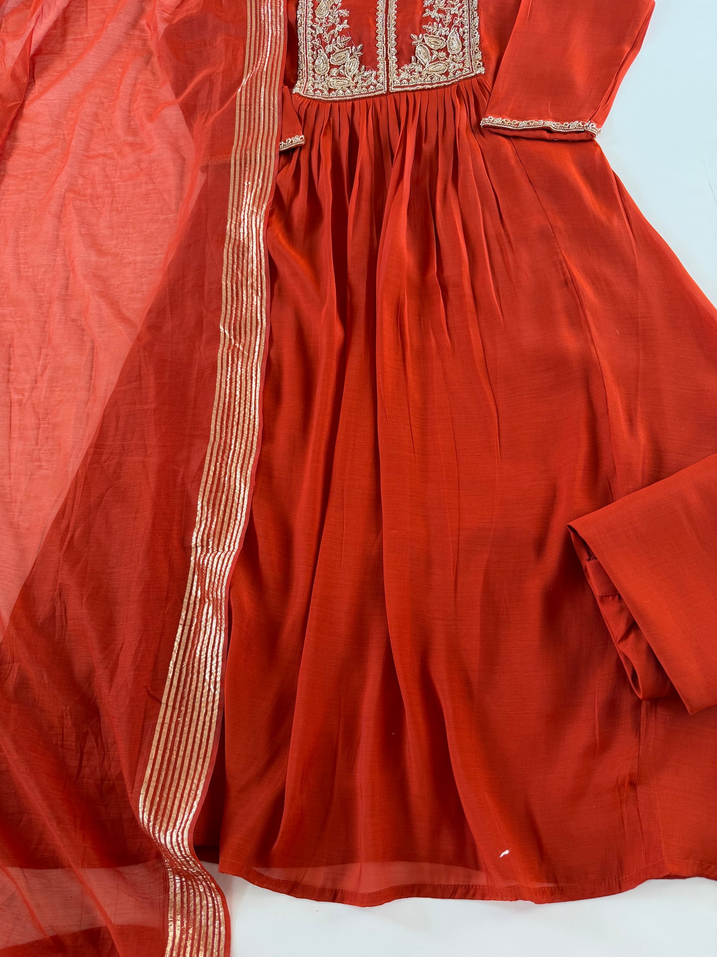 K634 - Muslin silk embroidered Anarkali with pants and dupatta