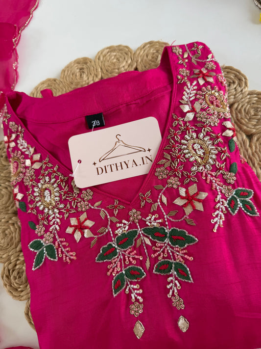 K520 - Russian silk handwork aline Kurti with pants and dupatta
