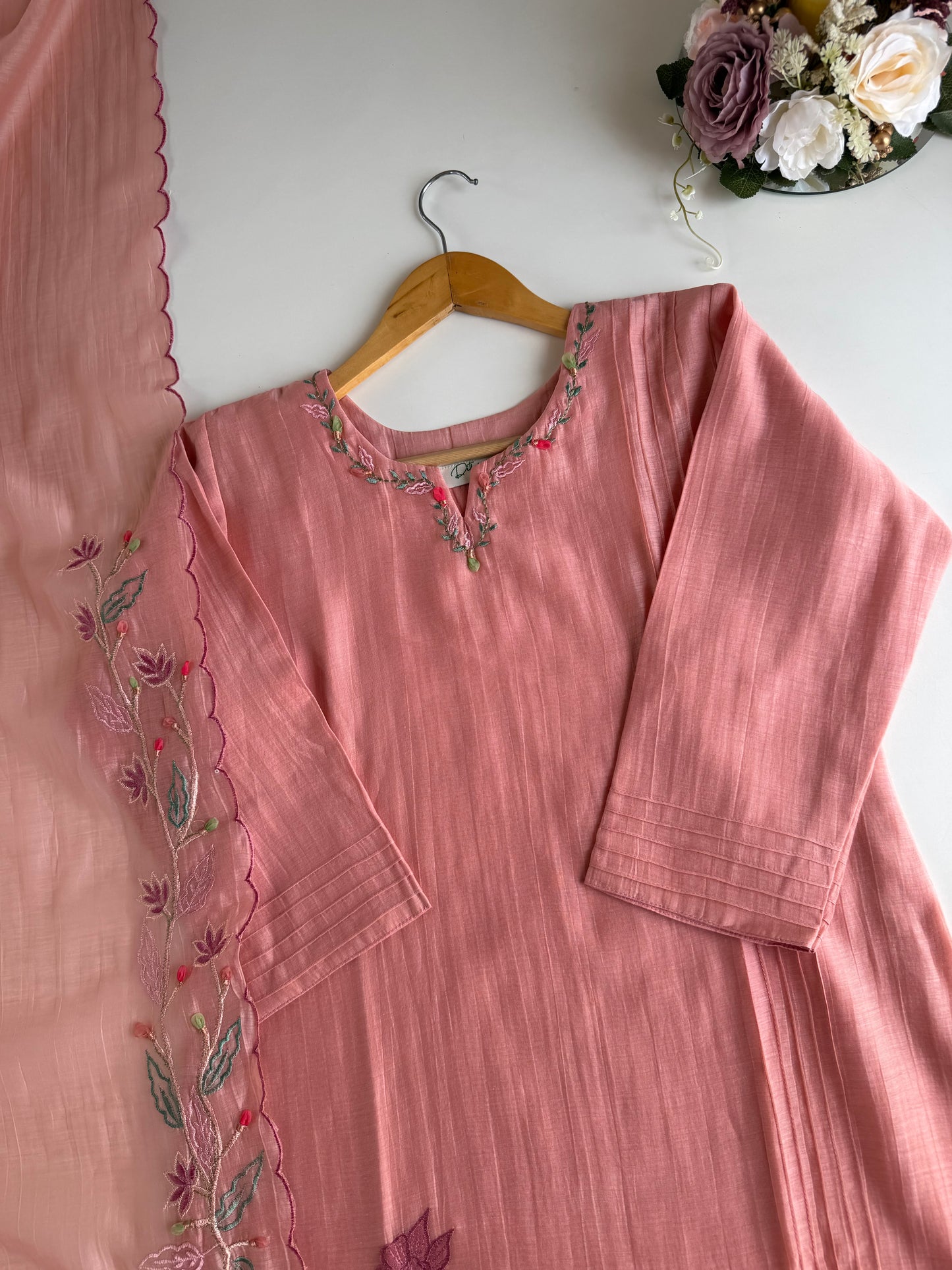K575 - Mul Chanderi embroidered straight Kurti with pants and dupatta