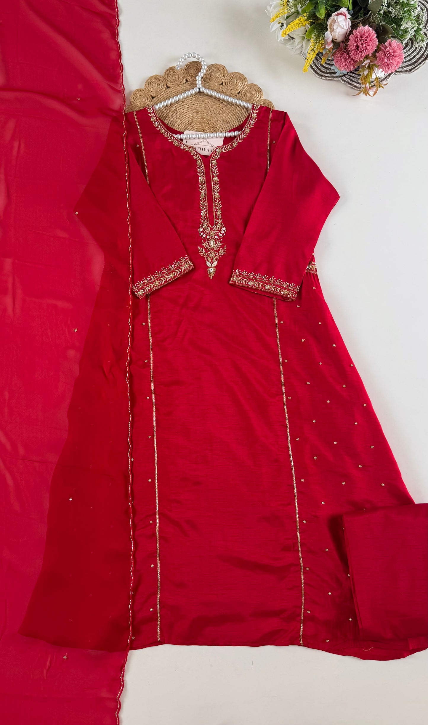 K158 - Russian silk handwork Anarkali with pants and dupatta