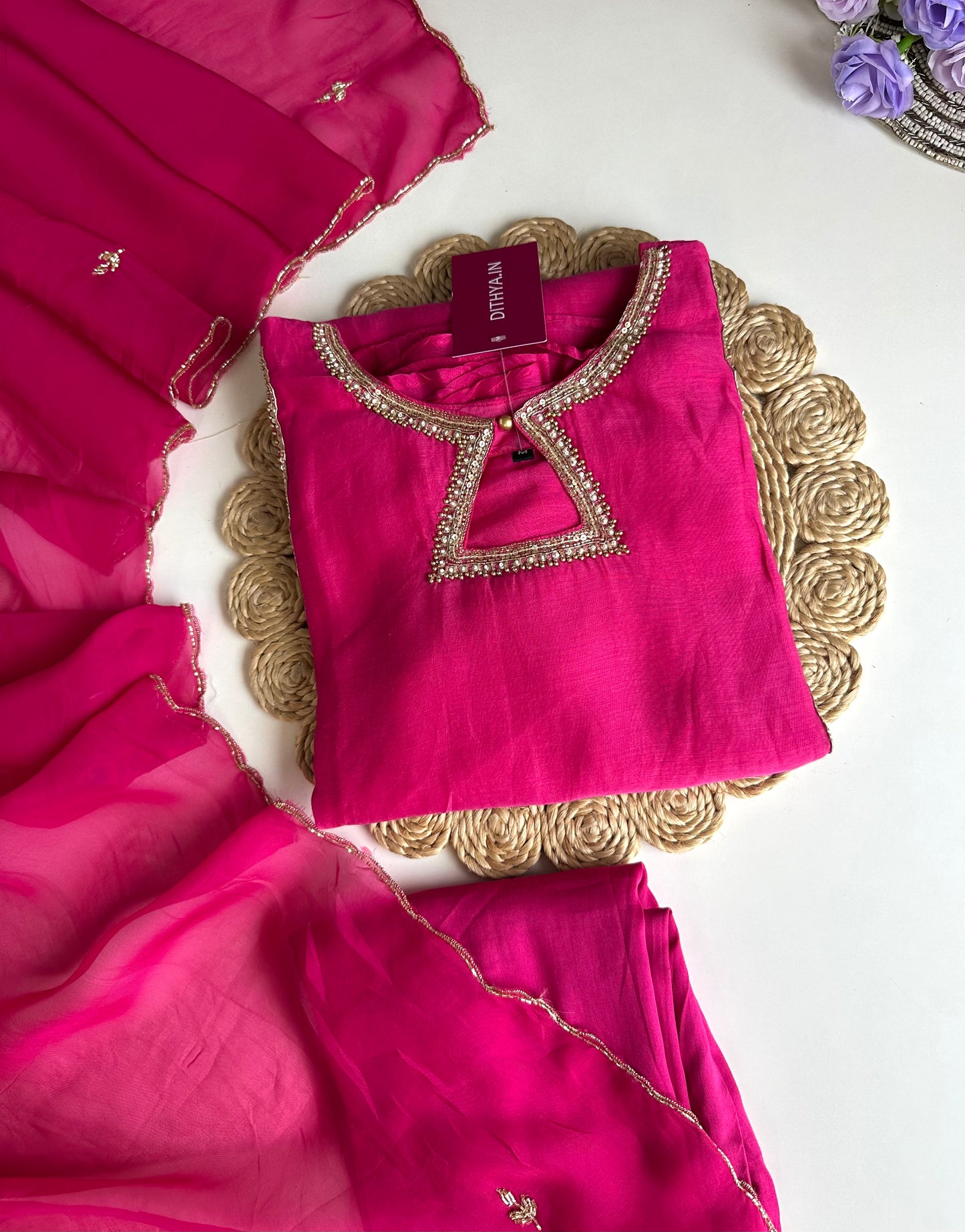 K228 - Mul Chanderi handwork Aline Kurti with pants and dupatta