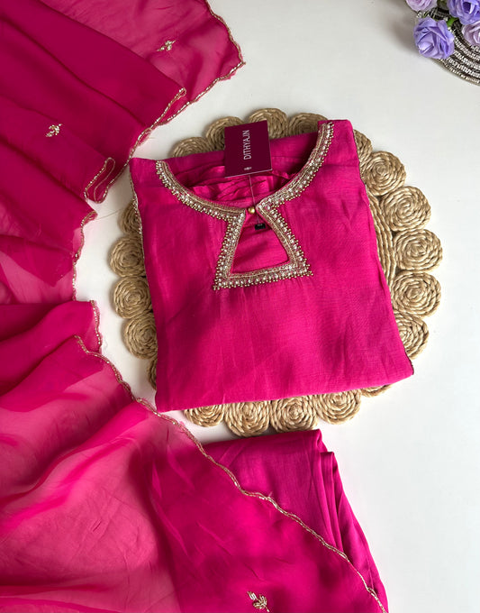 K228 - Mul Chanderi handwork Aline Kurti with pants and dupatta