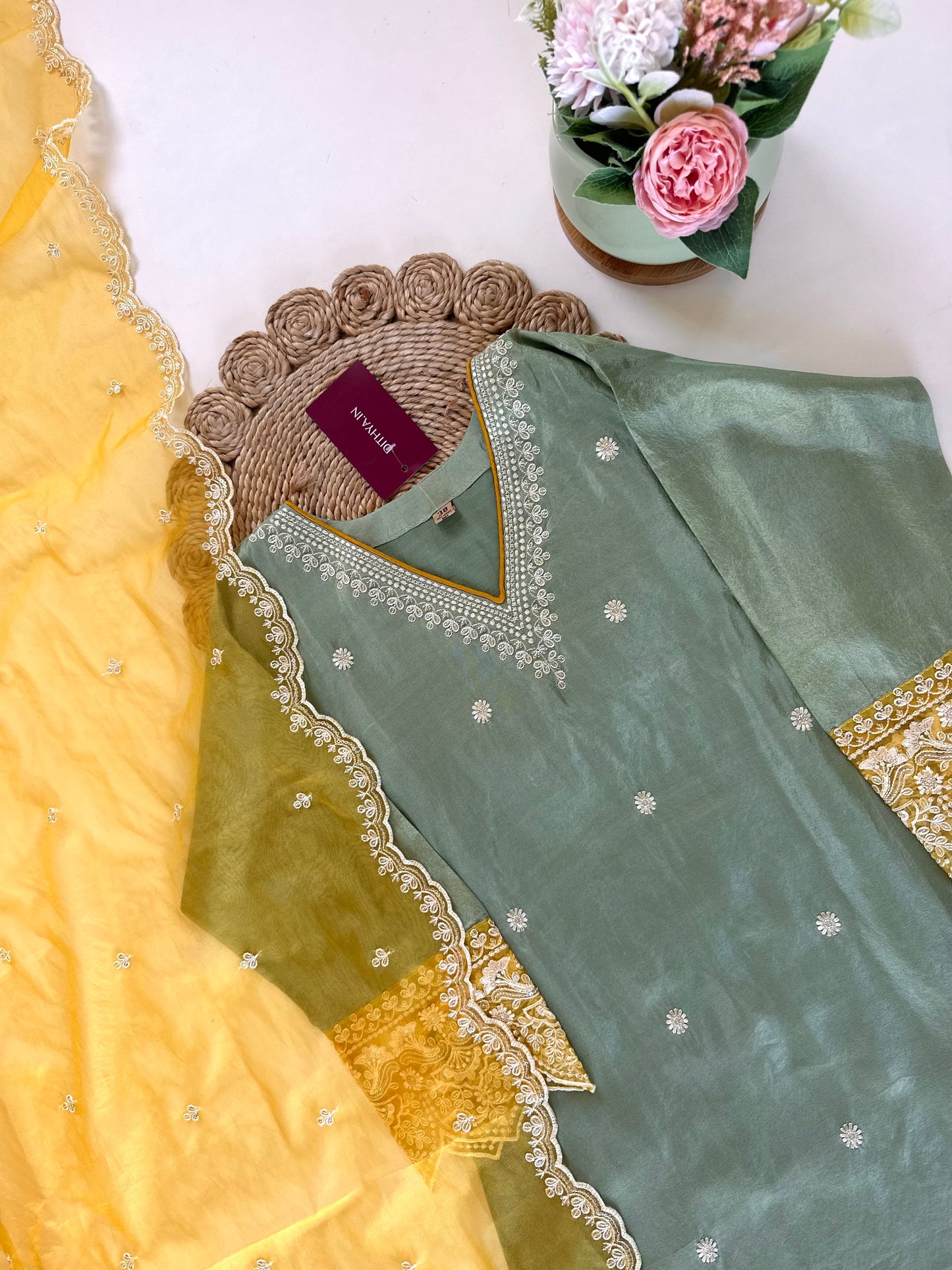 K285 - Tissue silk Threadwork straight kurti with pants and organza dupatta .