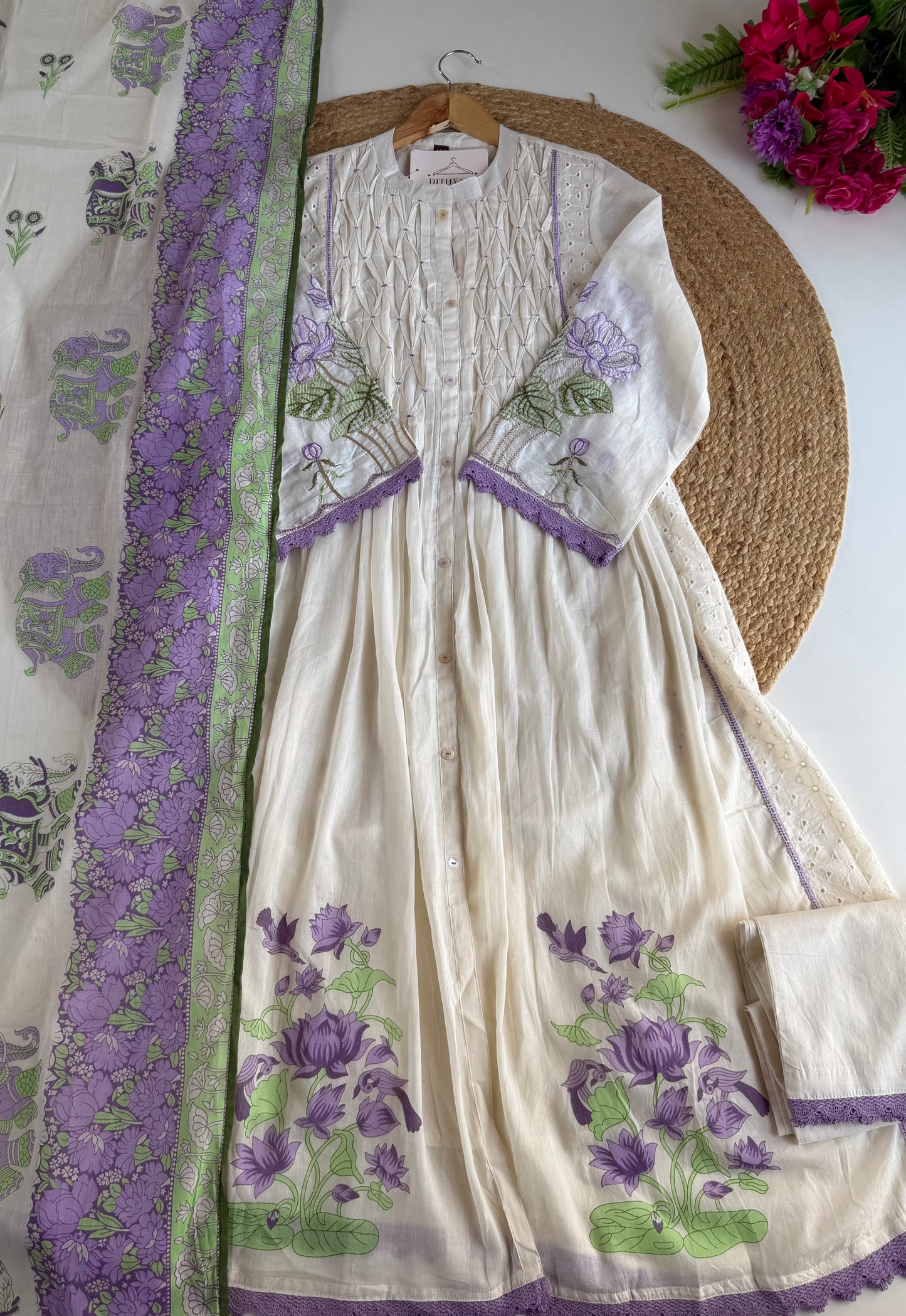 K004 - Mul cotton embroidered Anarkali with pants and dupatta