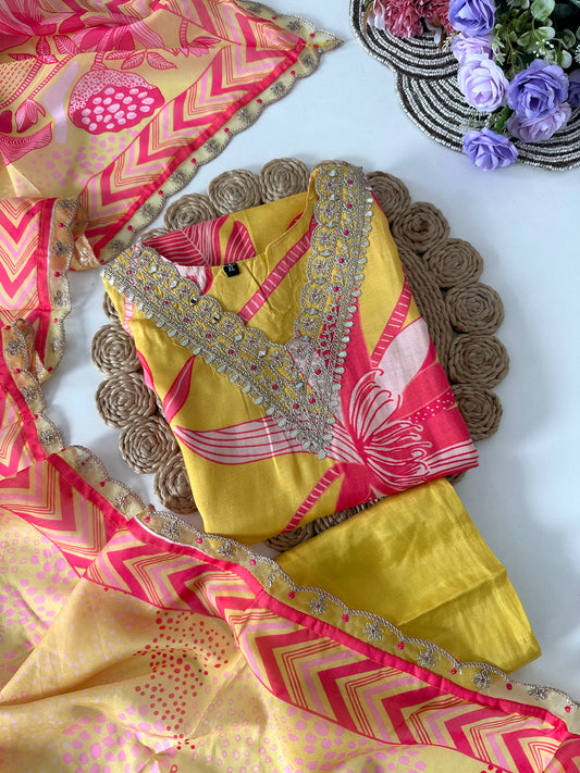 D045 -Muslin silk straight kurti with pants and dupatta