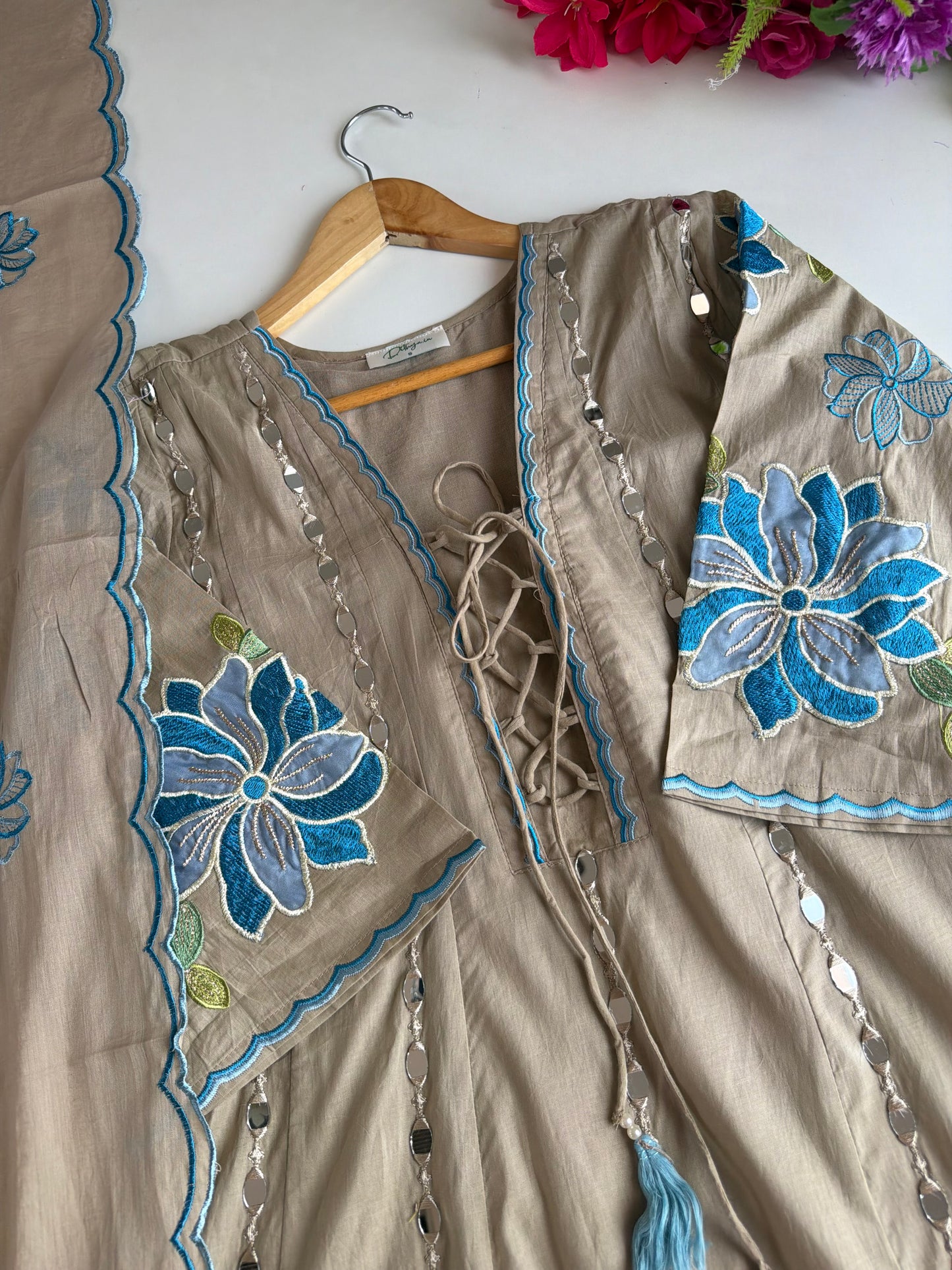 K525 - Muslin mirror work Anarkali with pants and dupatta