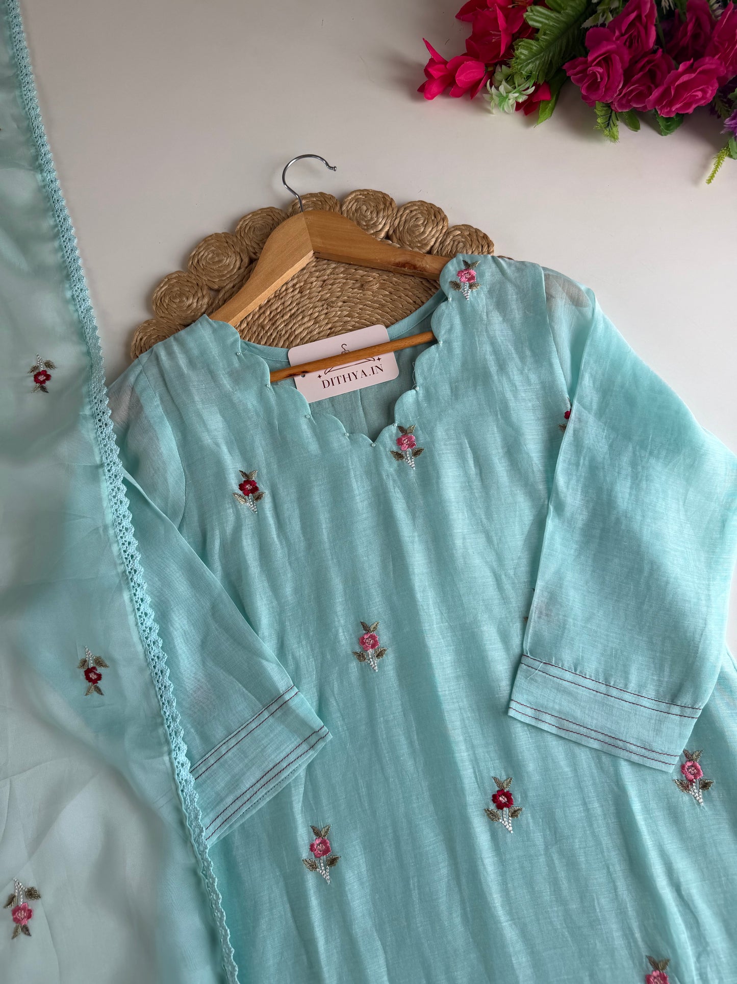 K631 - Mul chanderi intricate embroidery Aline Kurti with pants and dupatta