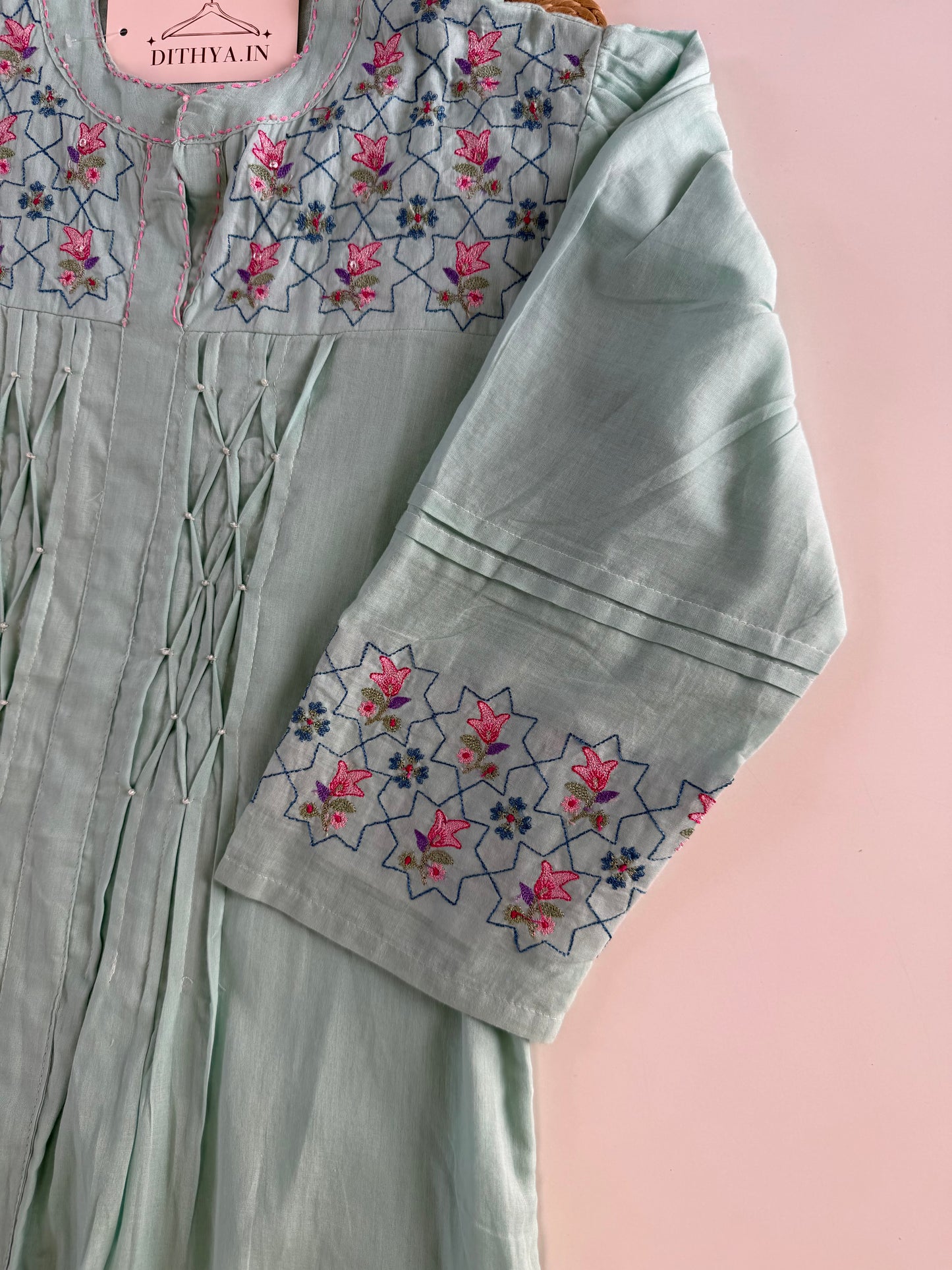 K621 - Mul cotton embroidered Aline Kurti with pants