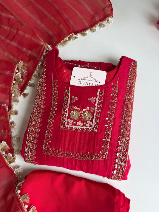 K229 - Mul chanderi handwork aline Kurti with pants and dupatta