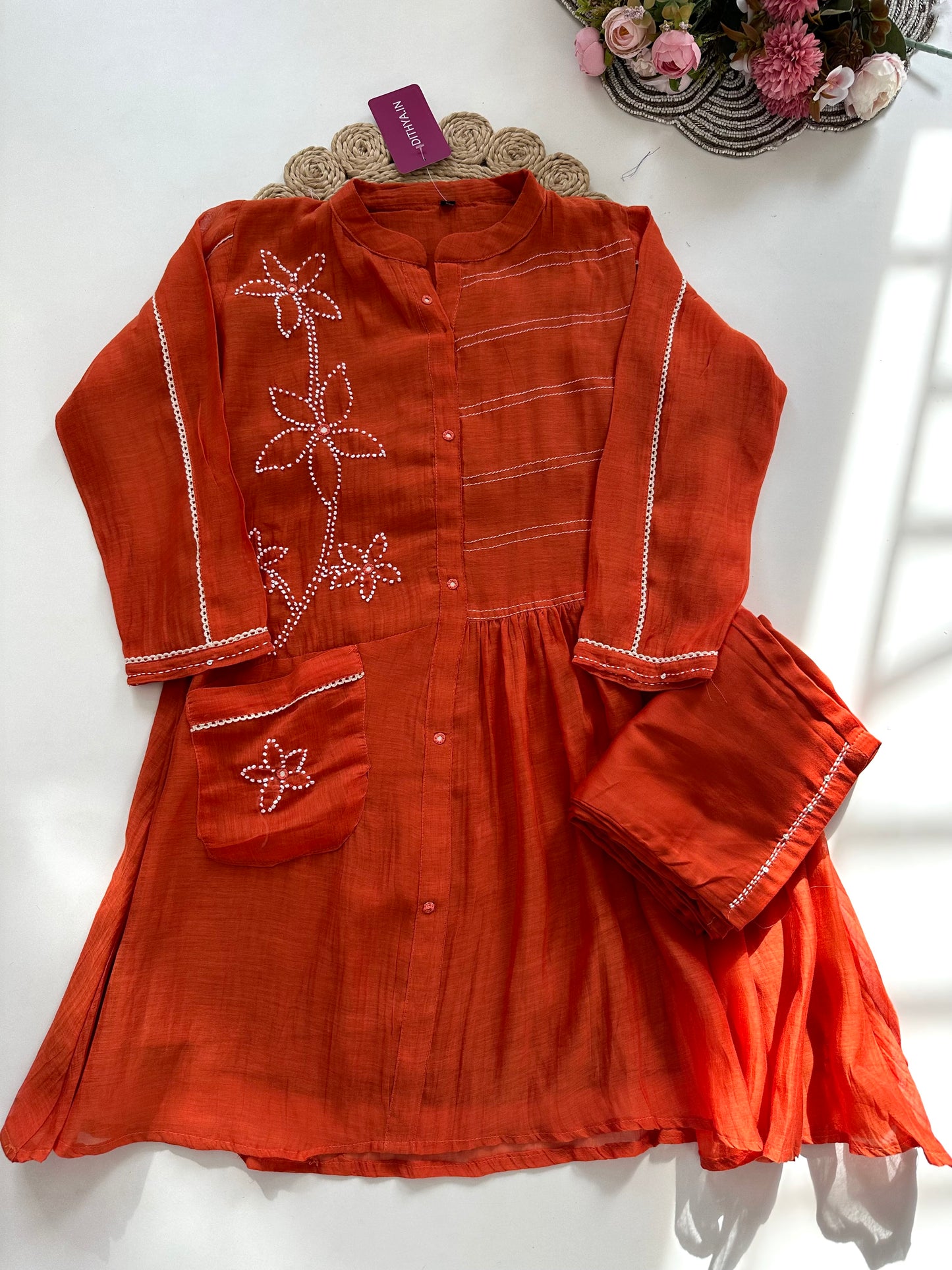 K373 - Mul Chanderi embroidered coord set in 2 colours