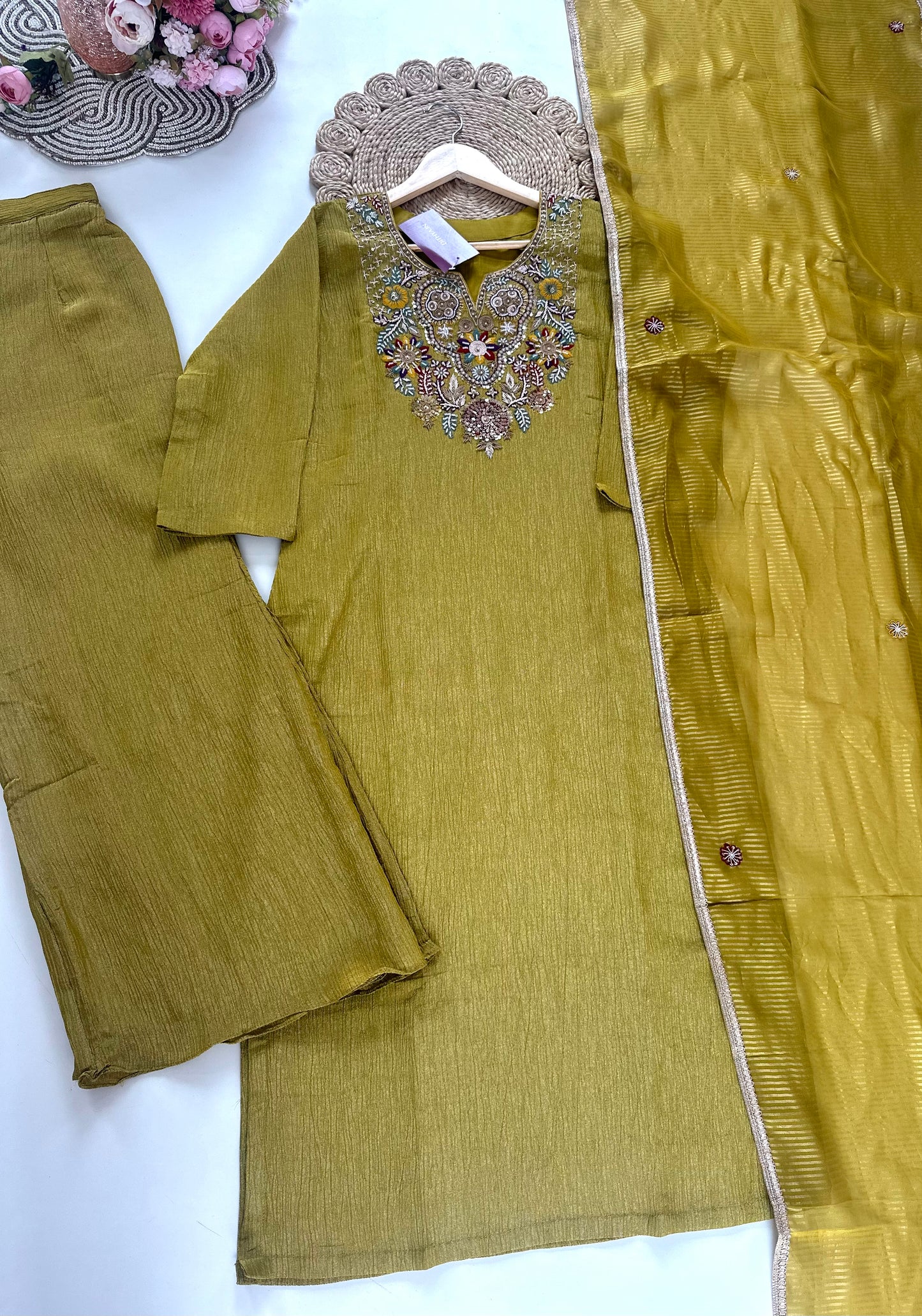 K289 - Crush Tissue silk straight handwork kurti with palazzo and dupatta