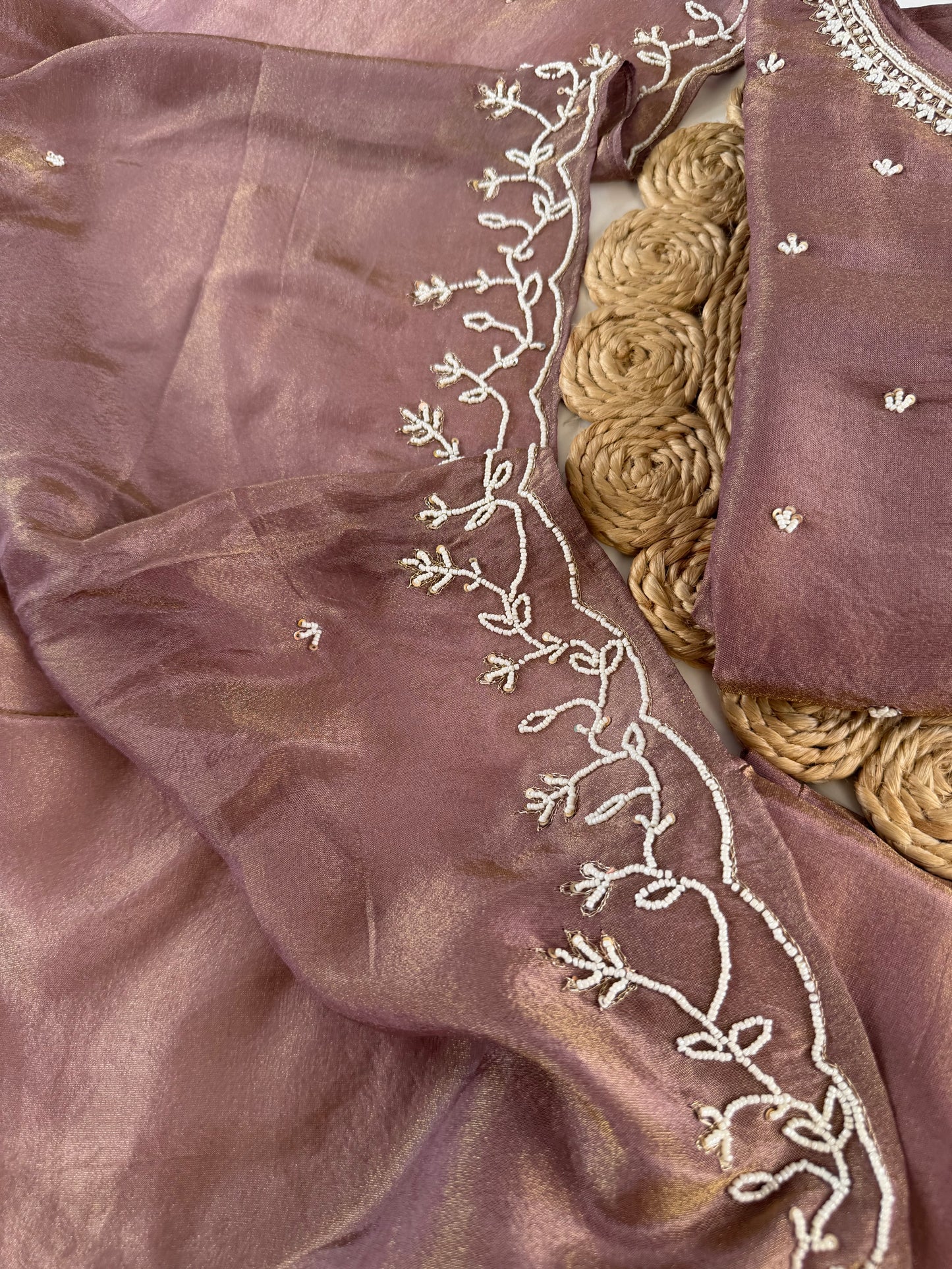 K602 - Tissue silk pearl work straight Kurti with pants and dupatta in 2 colours