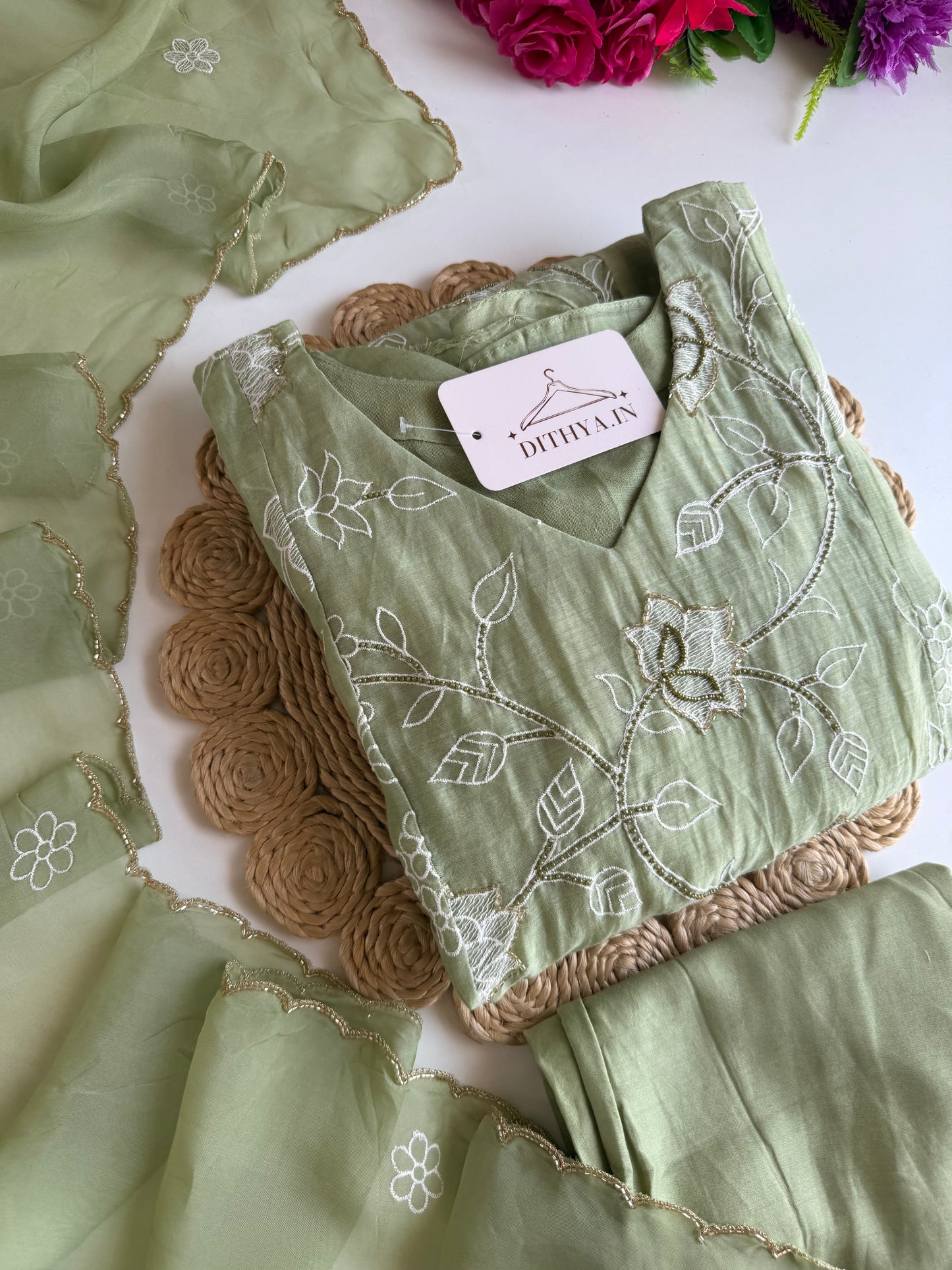 K735 - Mul chanderi embroidered Anarkali with pants and dupatta in 2 colours