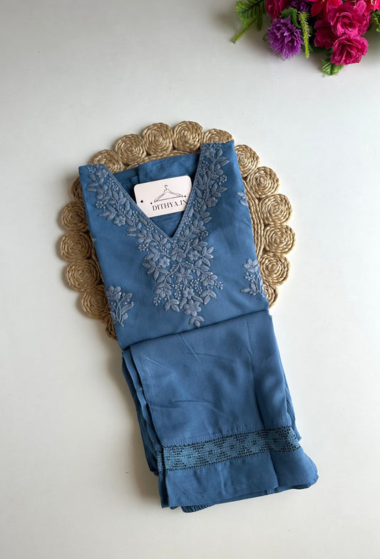 K247 - Mul cotton embroidered straight Kurti with pants