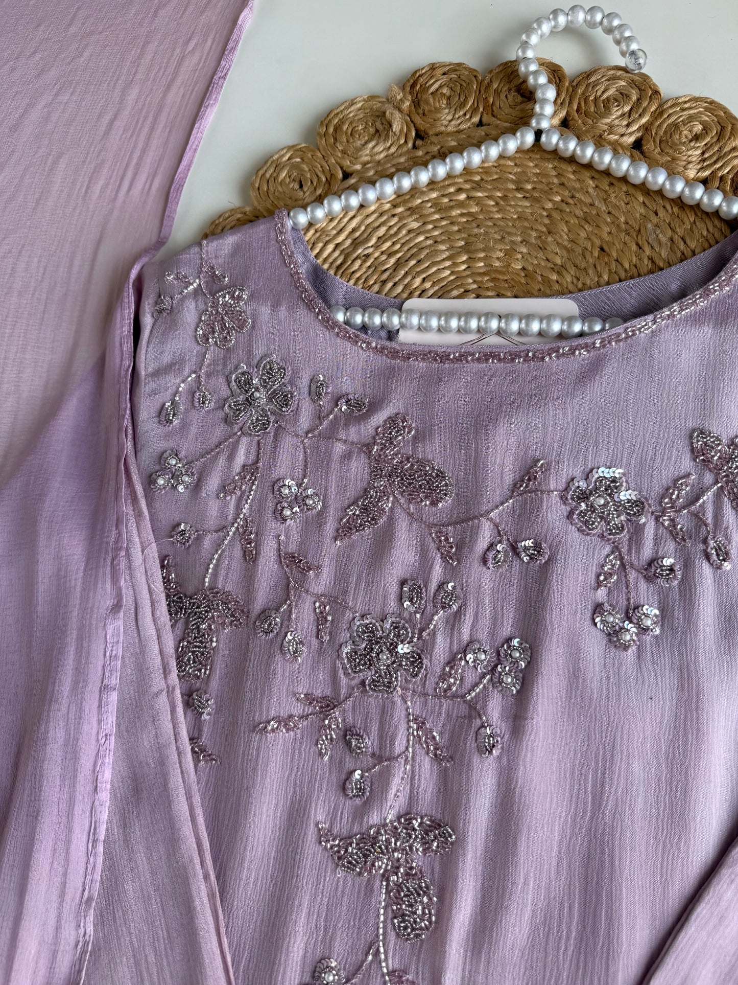 K456 - Pure Chinnon handwork aline Kurti with pants and dupatta