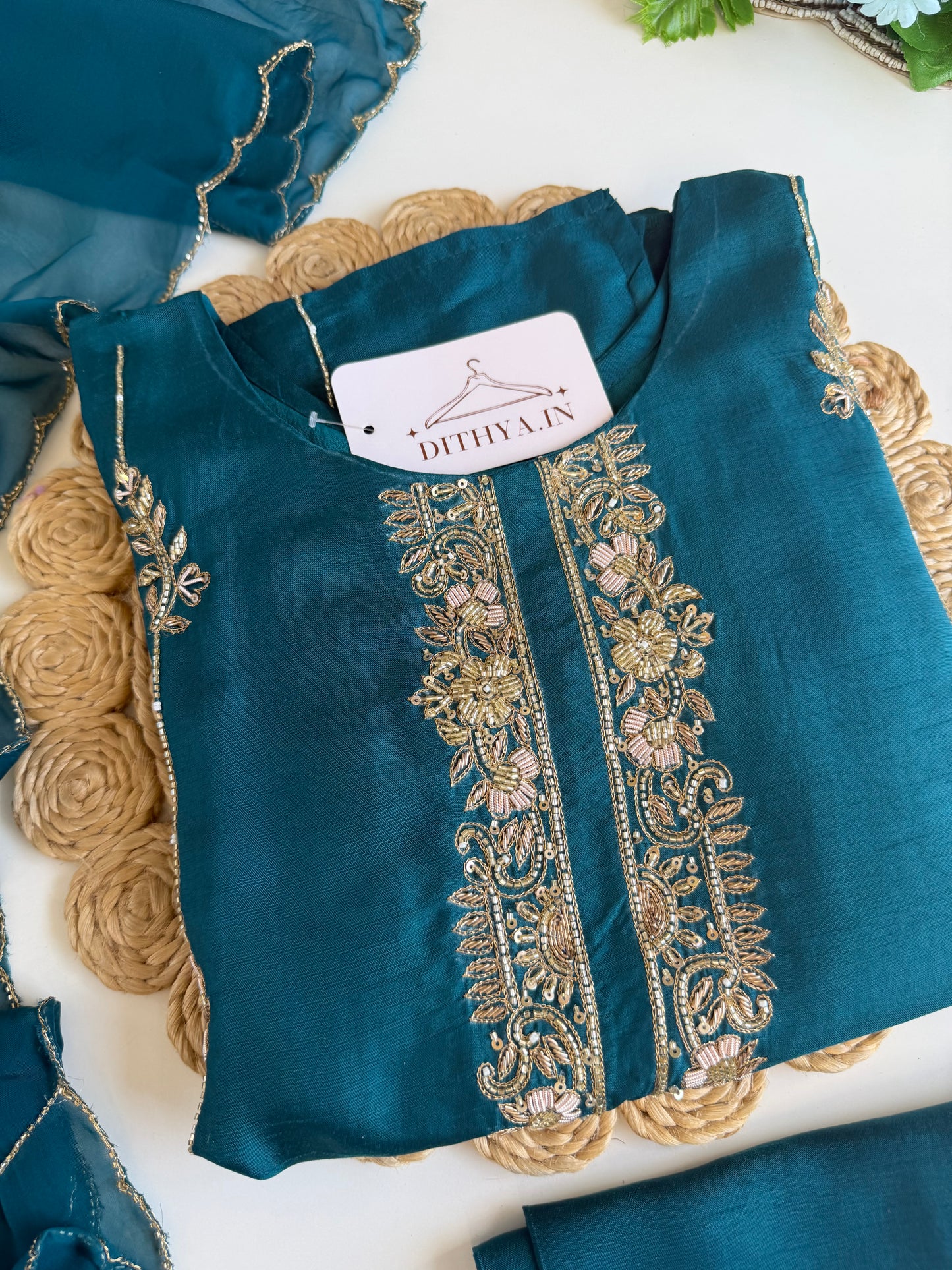 K577 - Russian silk handwork straight Kurti with pants and dupatta