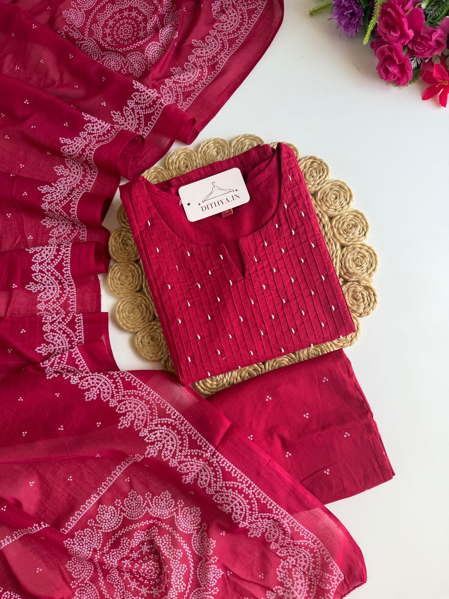 K711 - Mul cotton embroidered straight Kurti with pants and dupatta