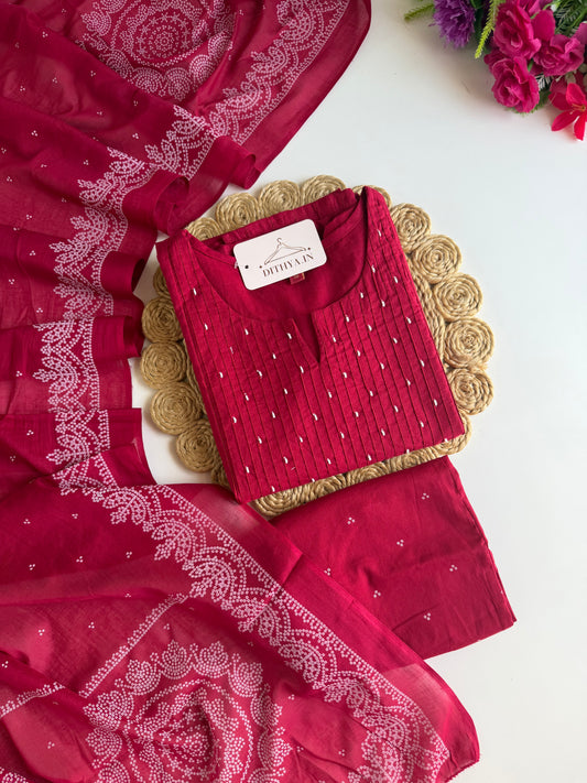 K711 - Mul cotton embroidered straight Kurti with pants and dupatta