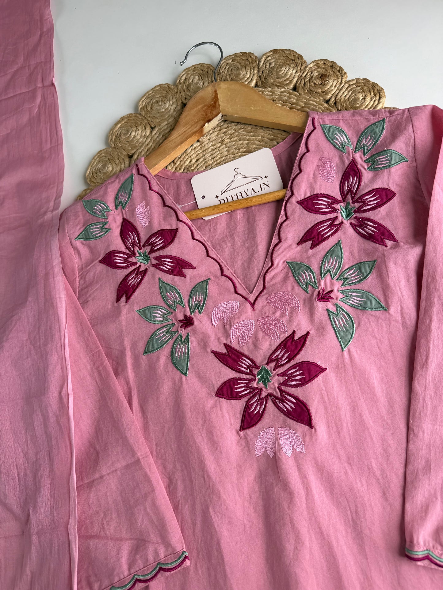 K131 - Mul cotton embroidered straight Kurti with pants and dupatta