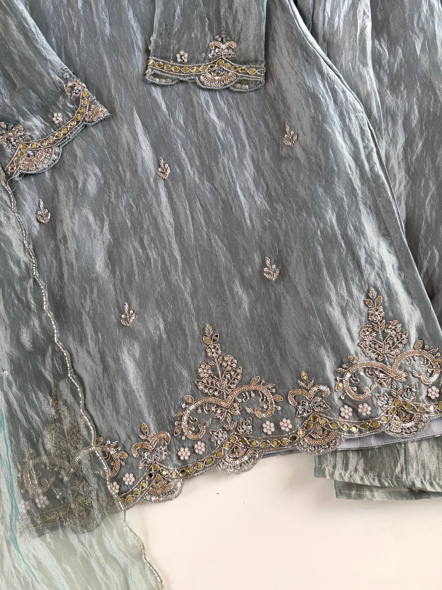 K646 - Glass tissue silk handwork short Kurti with divider pants and dupatta