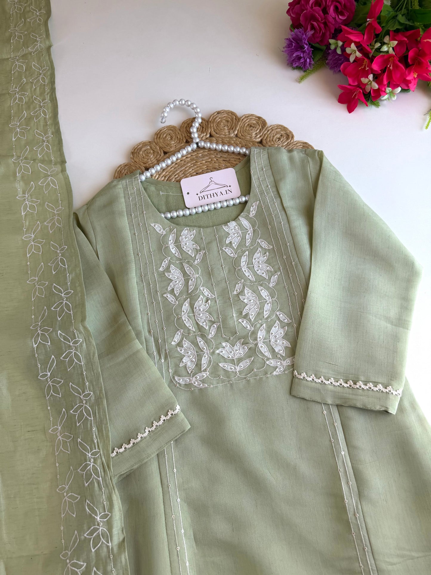 K361 - Muslin cotton embroidered Aline Kurti with pants and dupatta