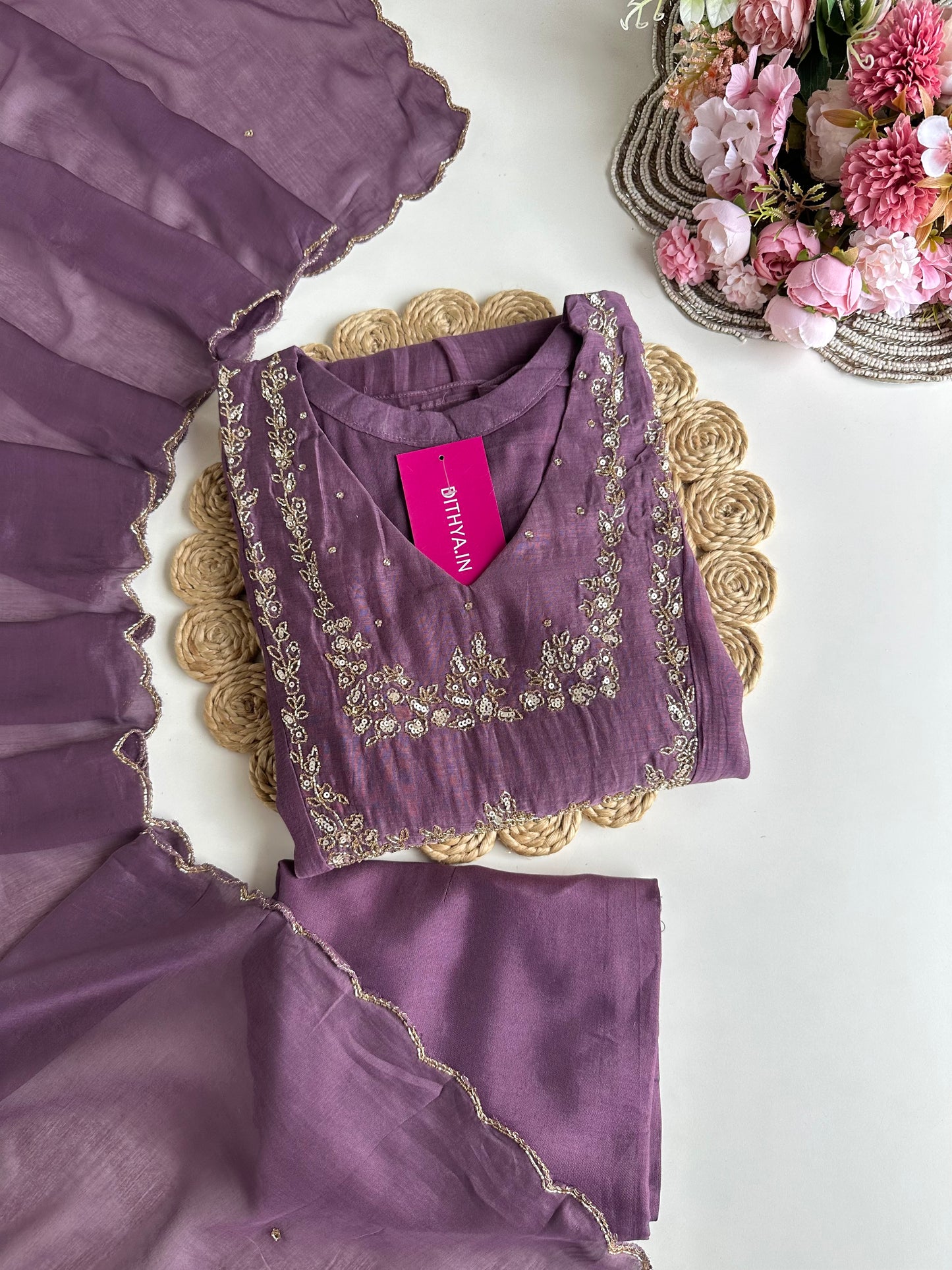 K076 - Mul Chanderi handwork Aline Kurti with pants and dupatta