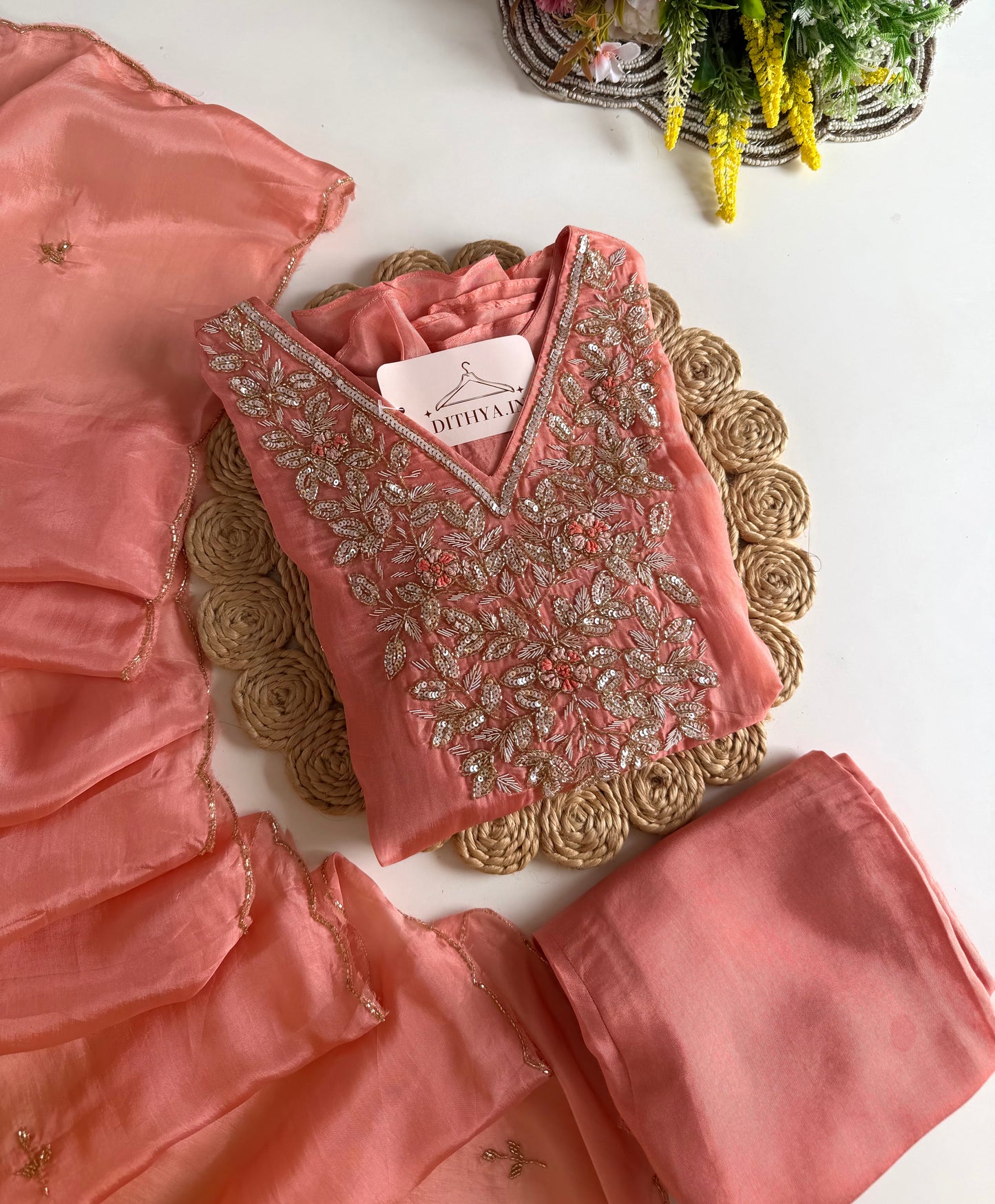 K204 - HO silk Aline handwork Kurti with pants and dupatta