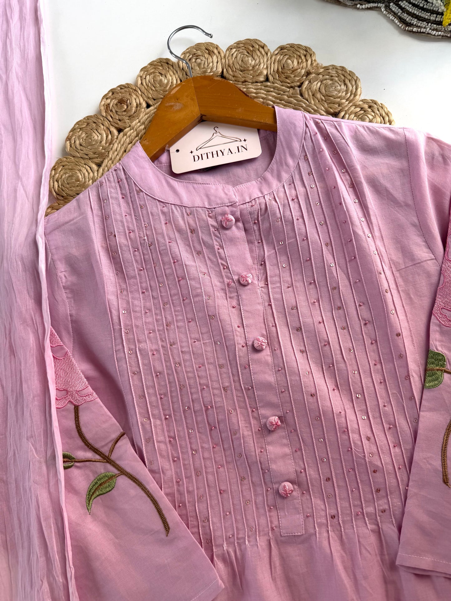 K446 - Mul cotton appliqué work aline Kurti with pants and dupatta