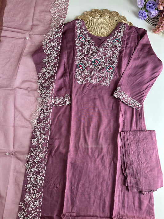 D421-Dola silk straight kurti with pants and dupatta