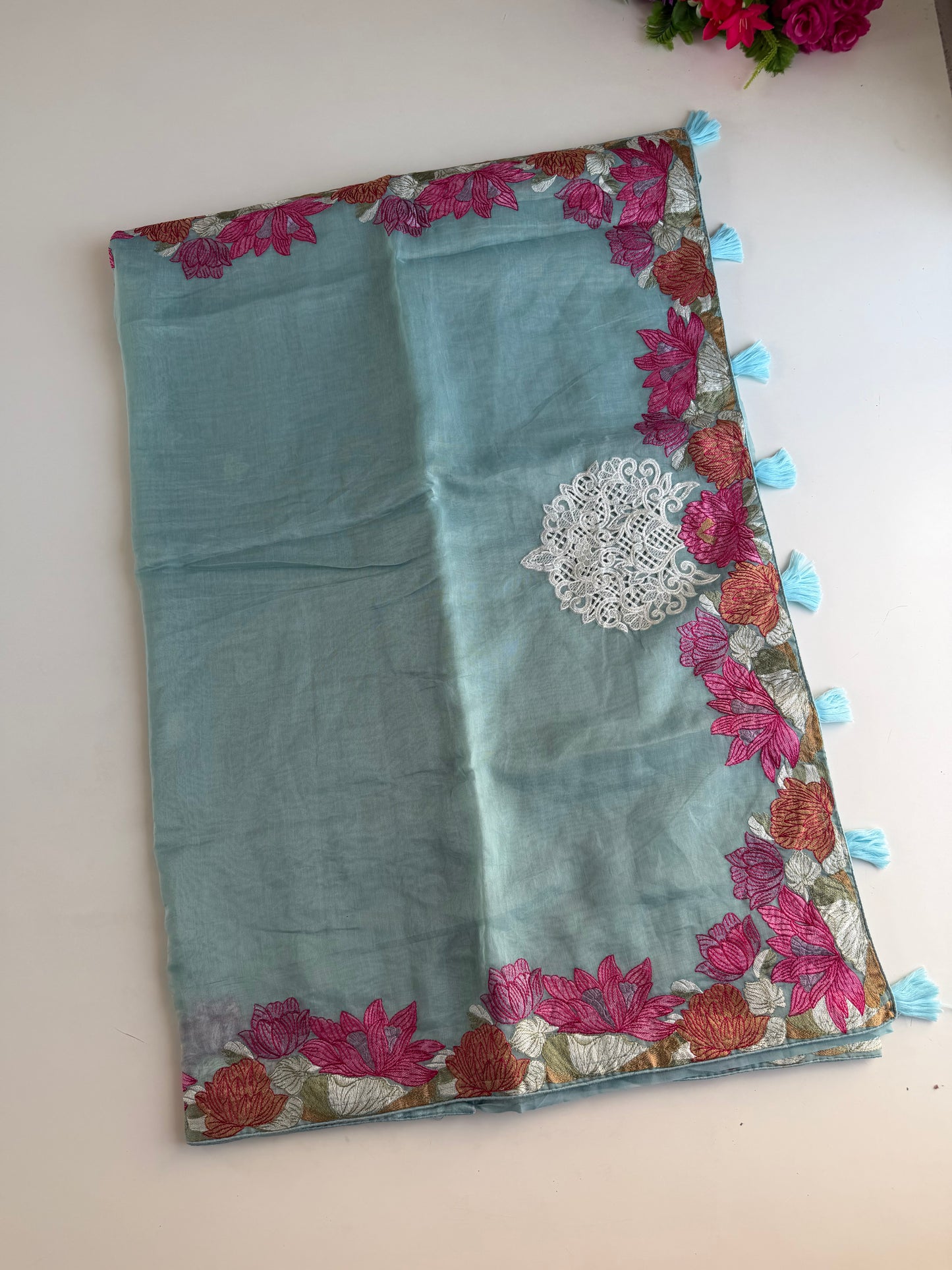 S020 - Soft organza appliqué embroidered saree in 3 colours