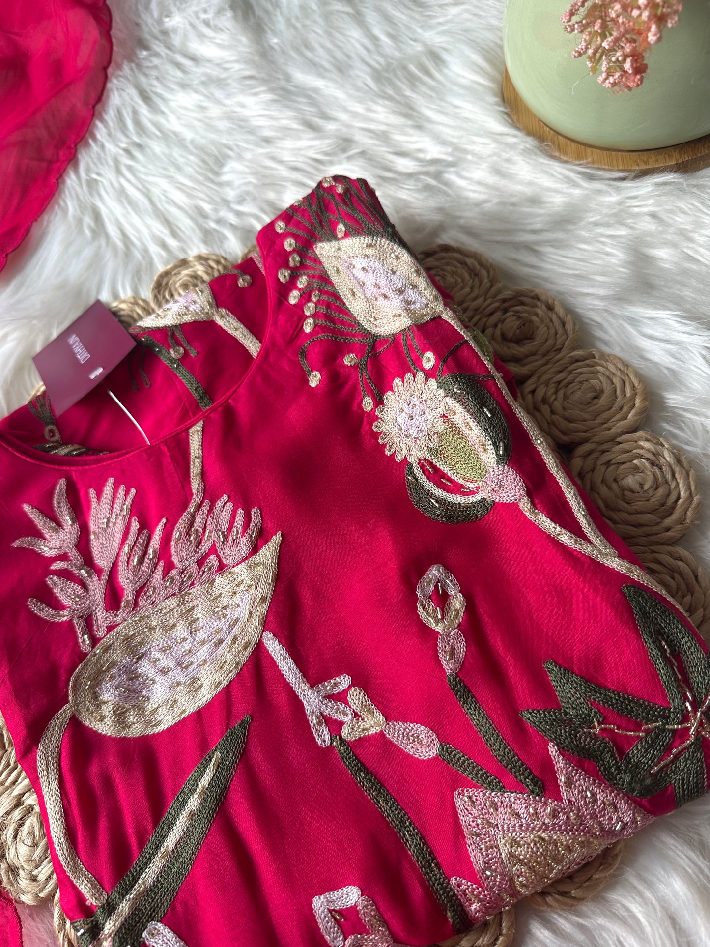 K159 - Russian silk Thread handwork short kurti with divider pants and organza dupatta .