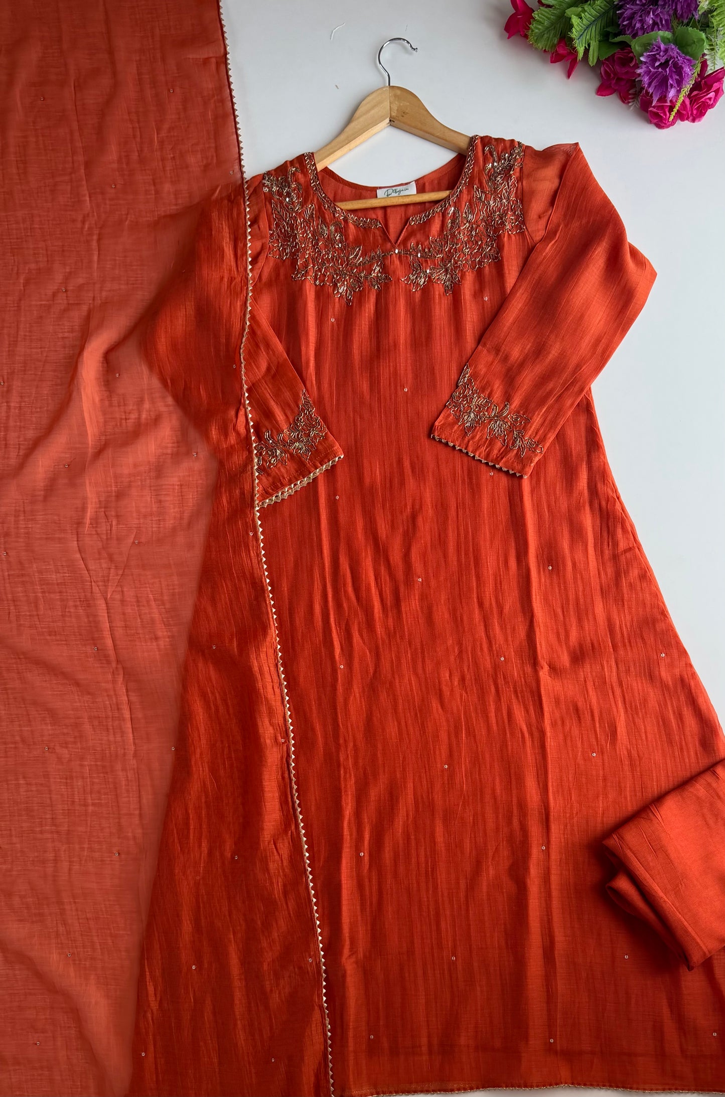 K553 - Mul chanderi handwork aline Kurti with pants and dupatta