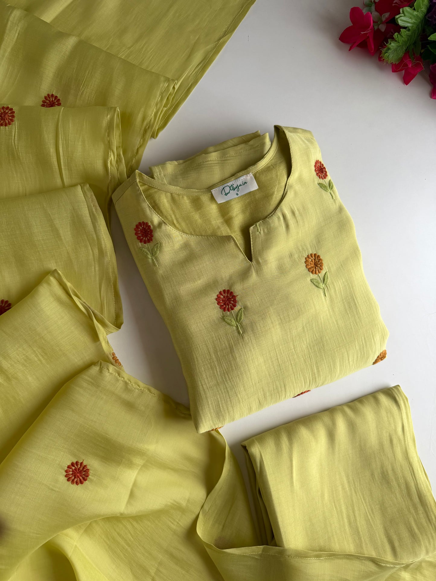 K570 - Surat Mul chanderi embroidered Aline Kurti with pants and dupatta