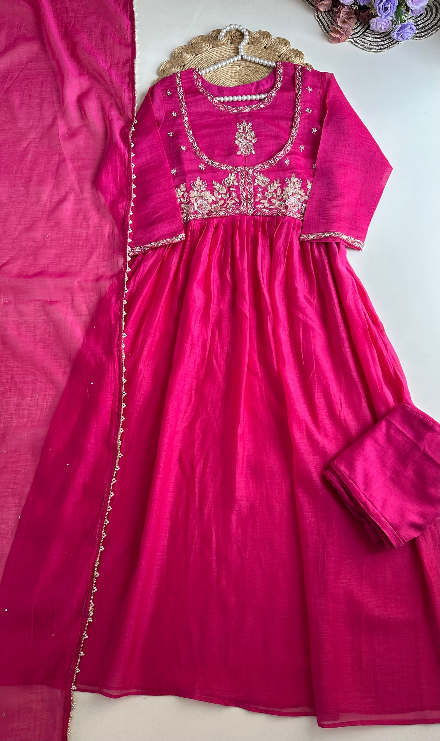 K076 - Mul Chanderi handwork Anarkali with side slit, straight pants and dupatta