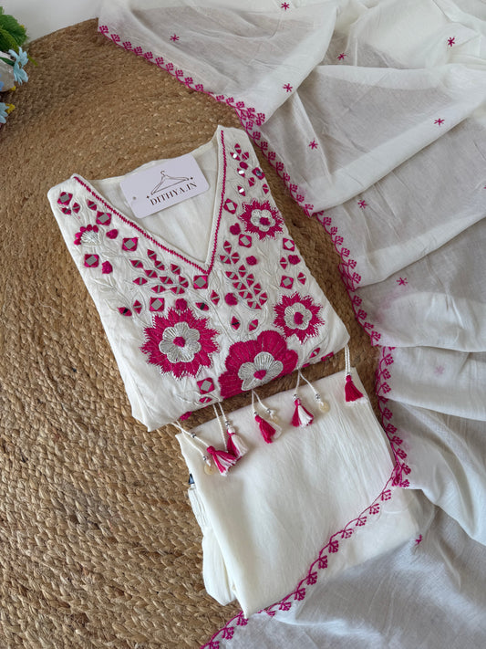 K591 - Mulmul cotton embroidered Anarkali with pants and dupatta