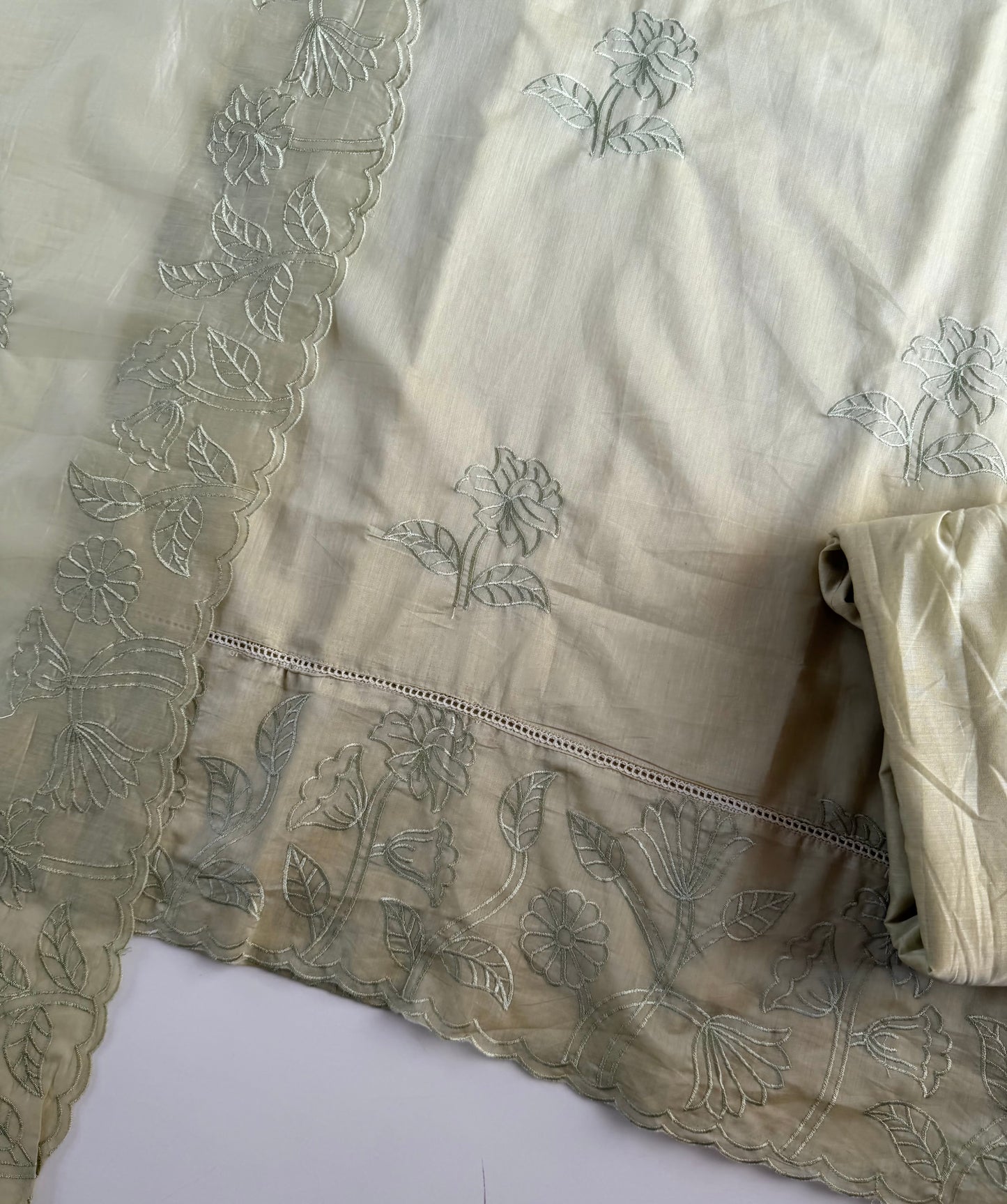 K208 - Crushed Mul chanderi embroidered straight Kurti with pants and dupatta in 2 colours
