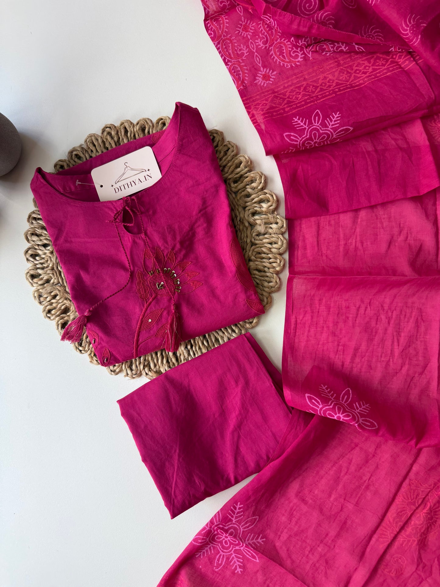 K583 - Cotton embroidery straight Kurti with pants and dupatta in 2 colours