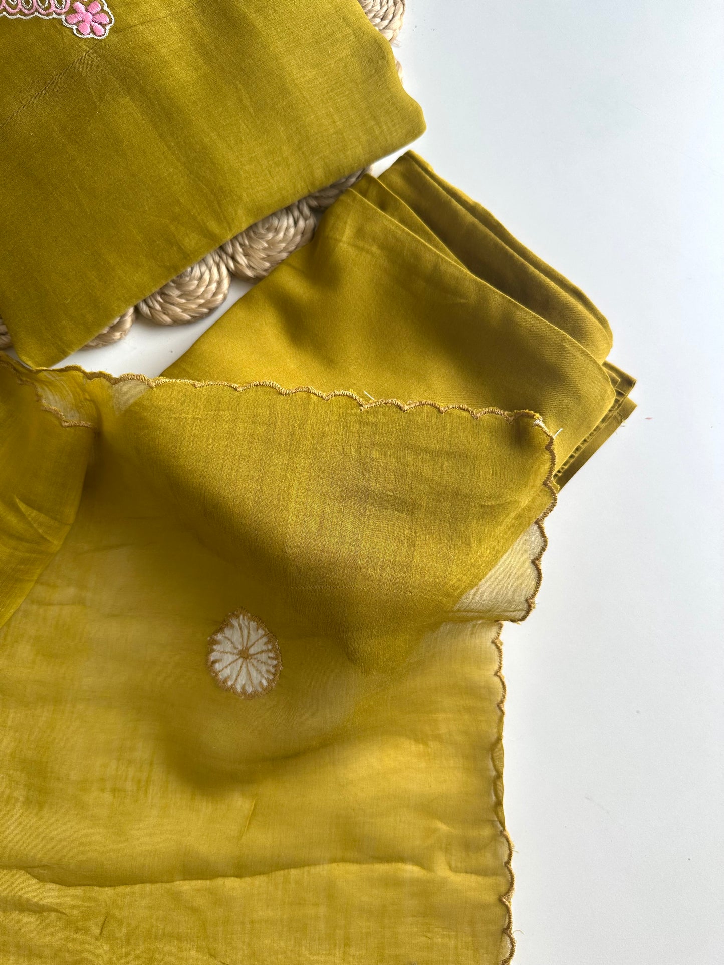 K292 - Mul Chanderi Appliqué work Aline Kurti with pants and dupatta