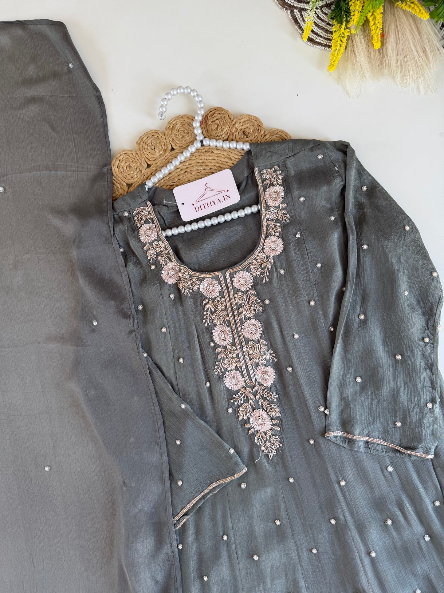 K282 - Chinnon heavy handwork Anarkali with pants and dupatta