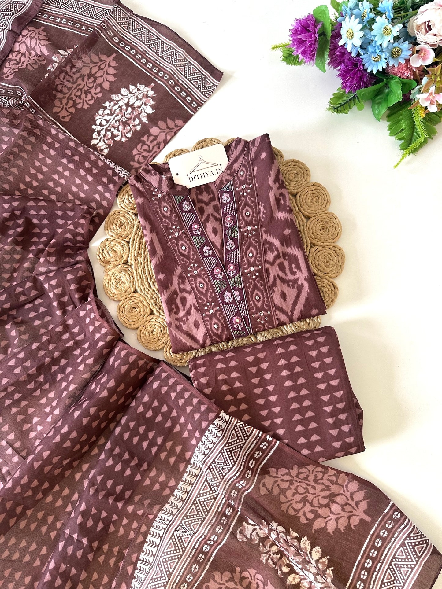 K367 - Mul cotton embroidered straight Kurti with pants and dupatta