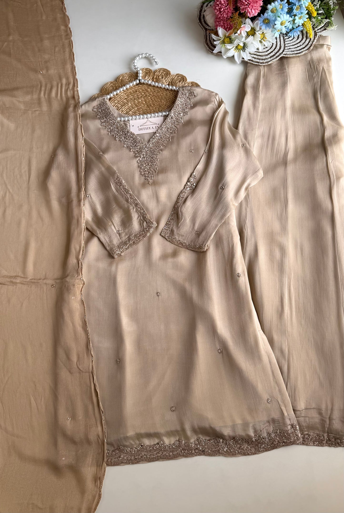 K508 - Chinnon mirror handwork short Kurti with divider pants and dupatta