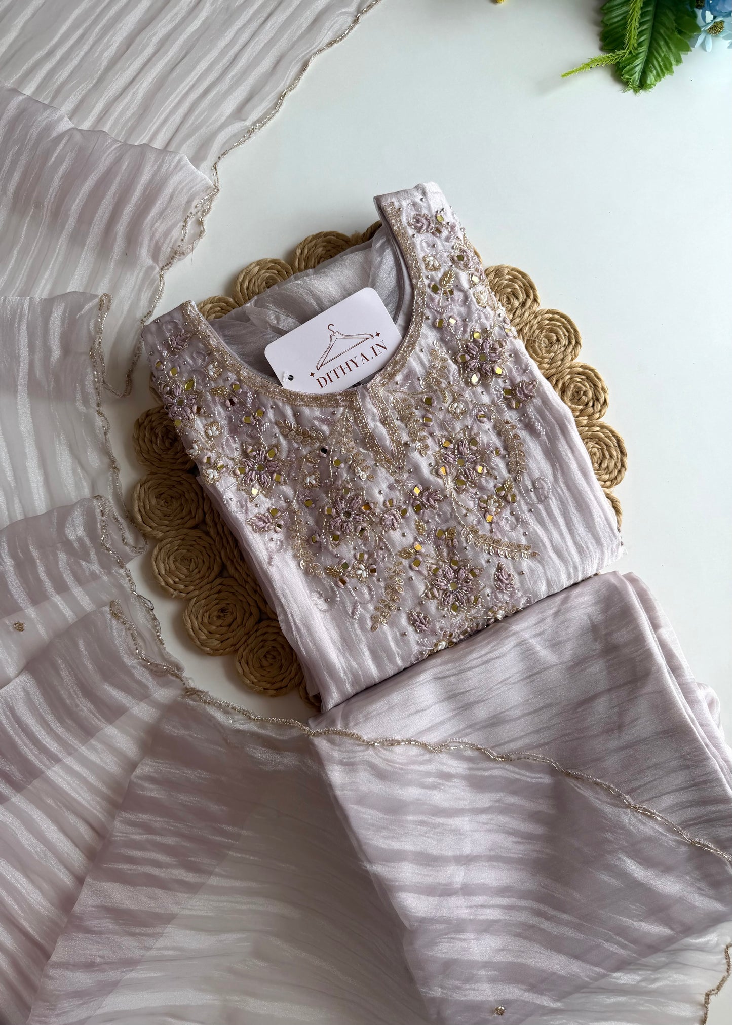 K471 - Crush tissue handwork aline Kurti with pants and dupatta